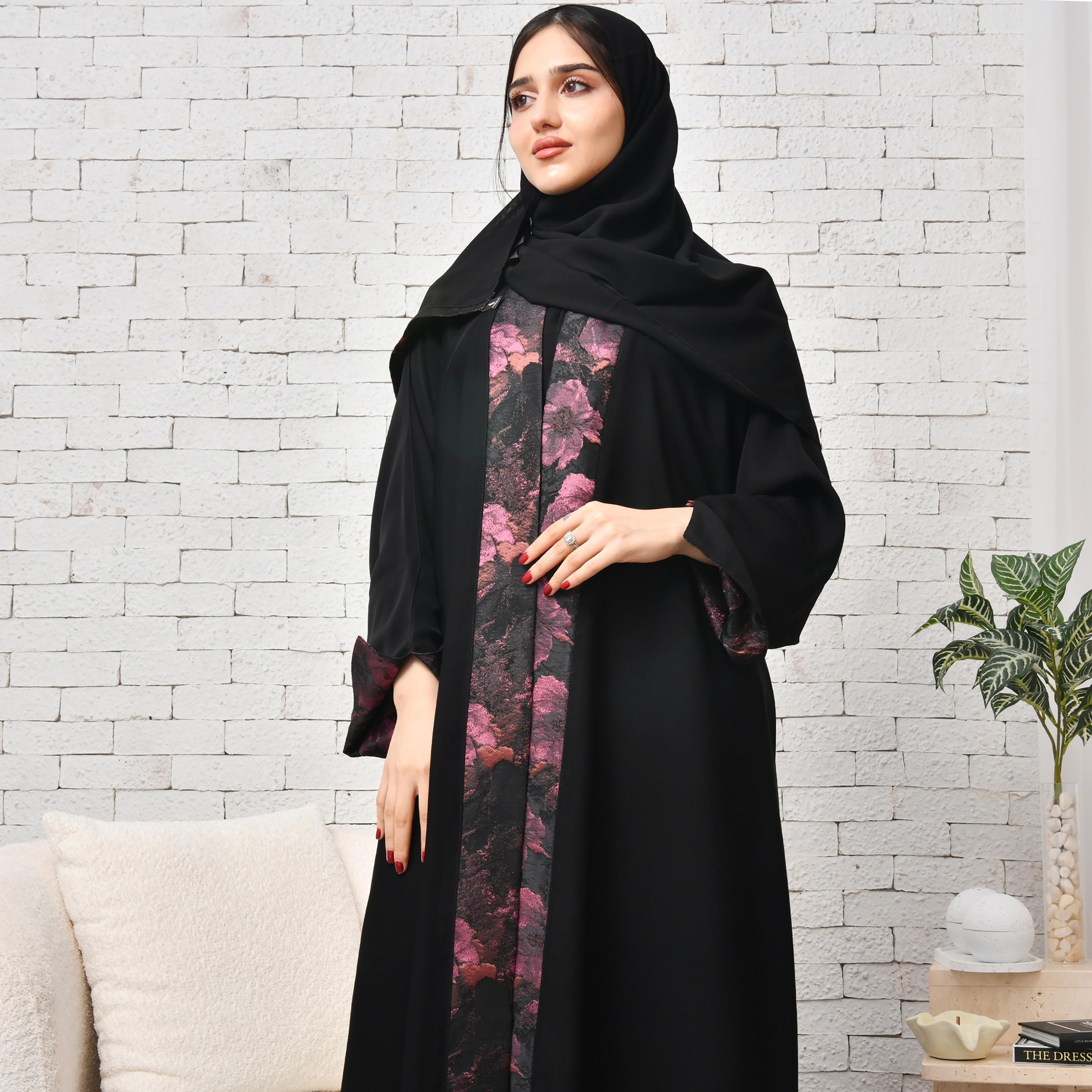 Hawraa Black Floral Jacquard Open-Front Folded Cuff Sleeves Women's Abaya with Hijab-women-arabicclothing-abayas-image-2