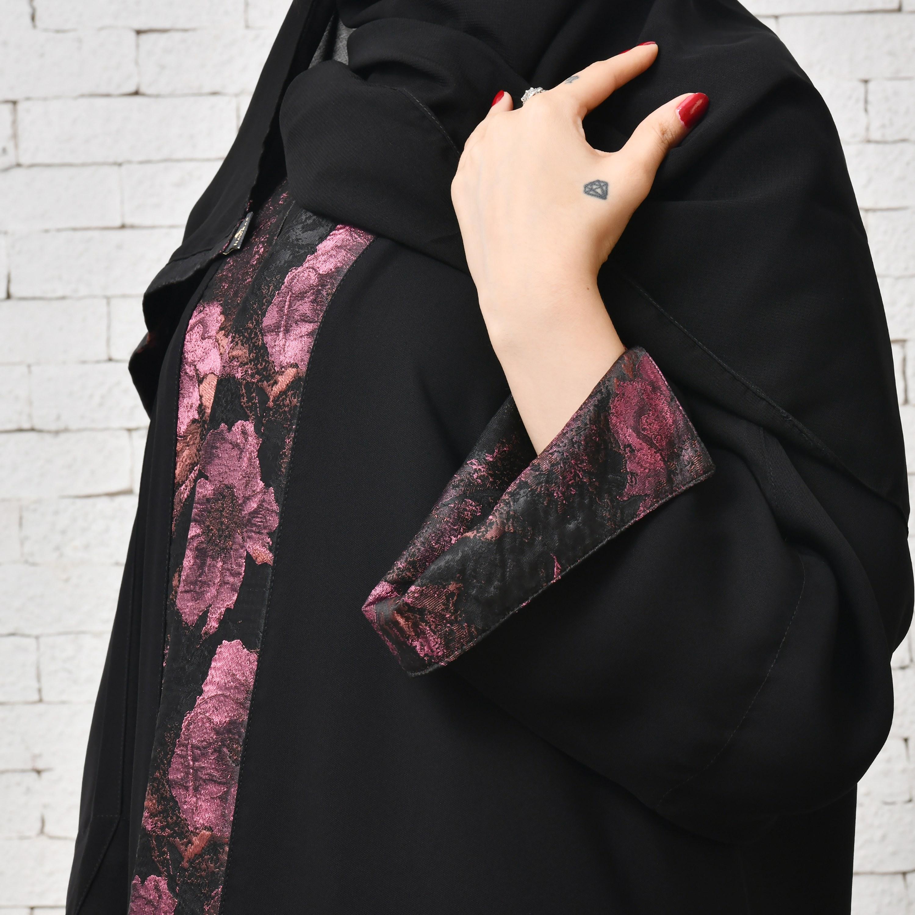 Hawraa Black Floral Jacquard Open-Front Folded Cuff Sleeves Women's Abaya with Hijab-women-arabicclothing-abayas-image-3