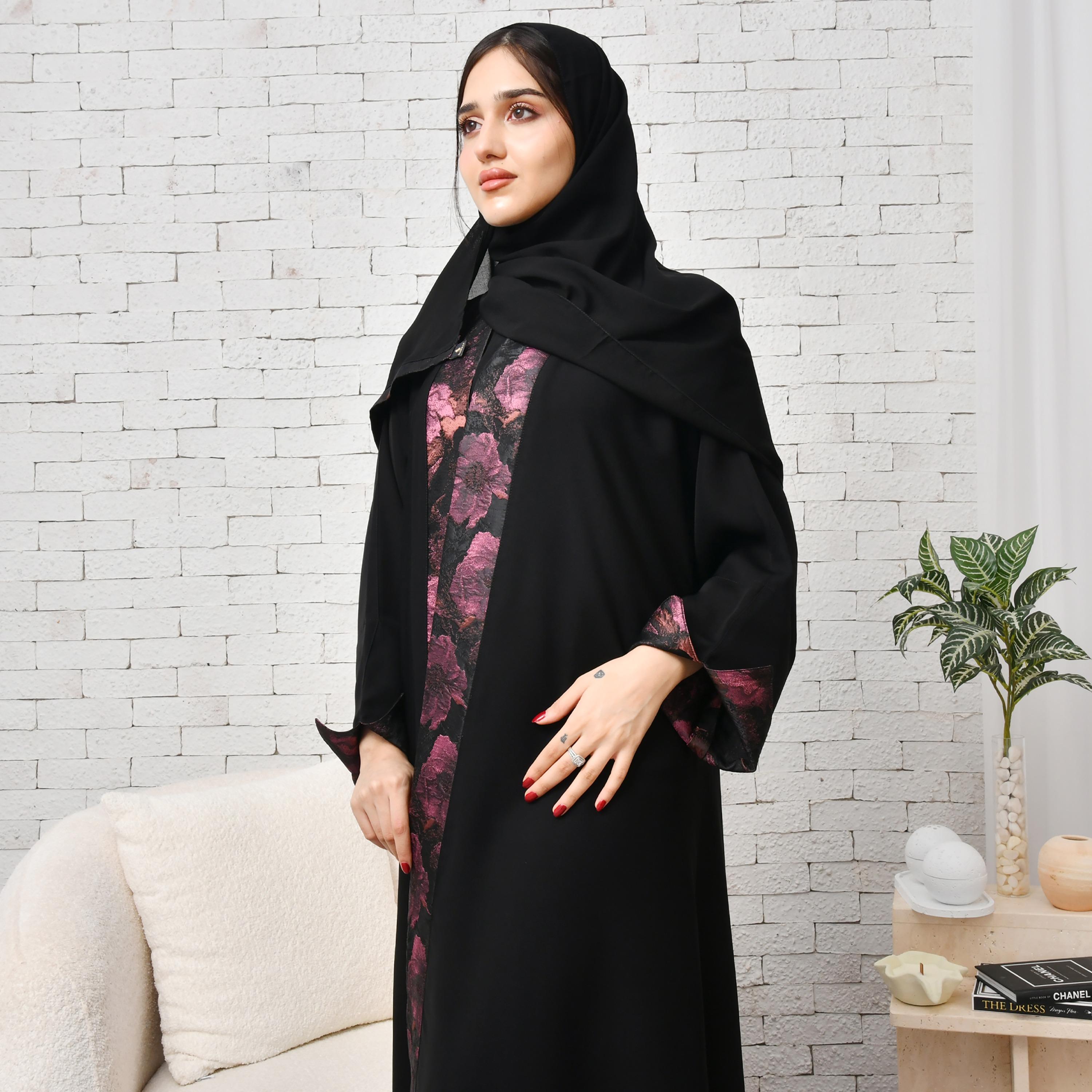 Hawraa Black Floral Jacquard Open-Front Folded Cuff Sleeves Women's Abaya with Hijab-women-arabicclothing-abayas-image-4