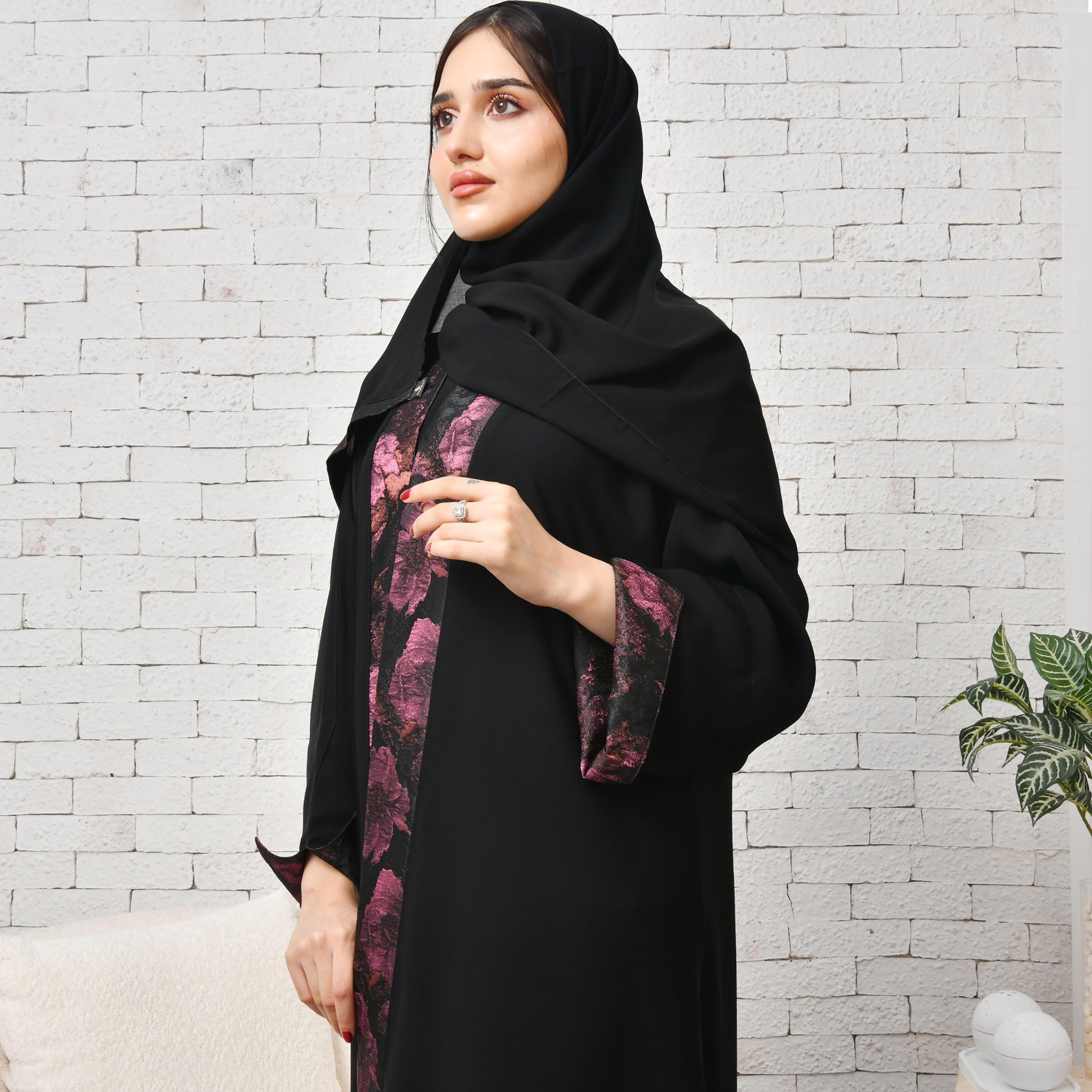 Hawraa Black Floral Jacquard Open-Front Folded Cuff Sleeves Women's Abaya with Hijab-women-arabicclothing-abayas-image-6