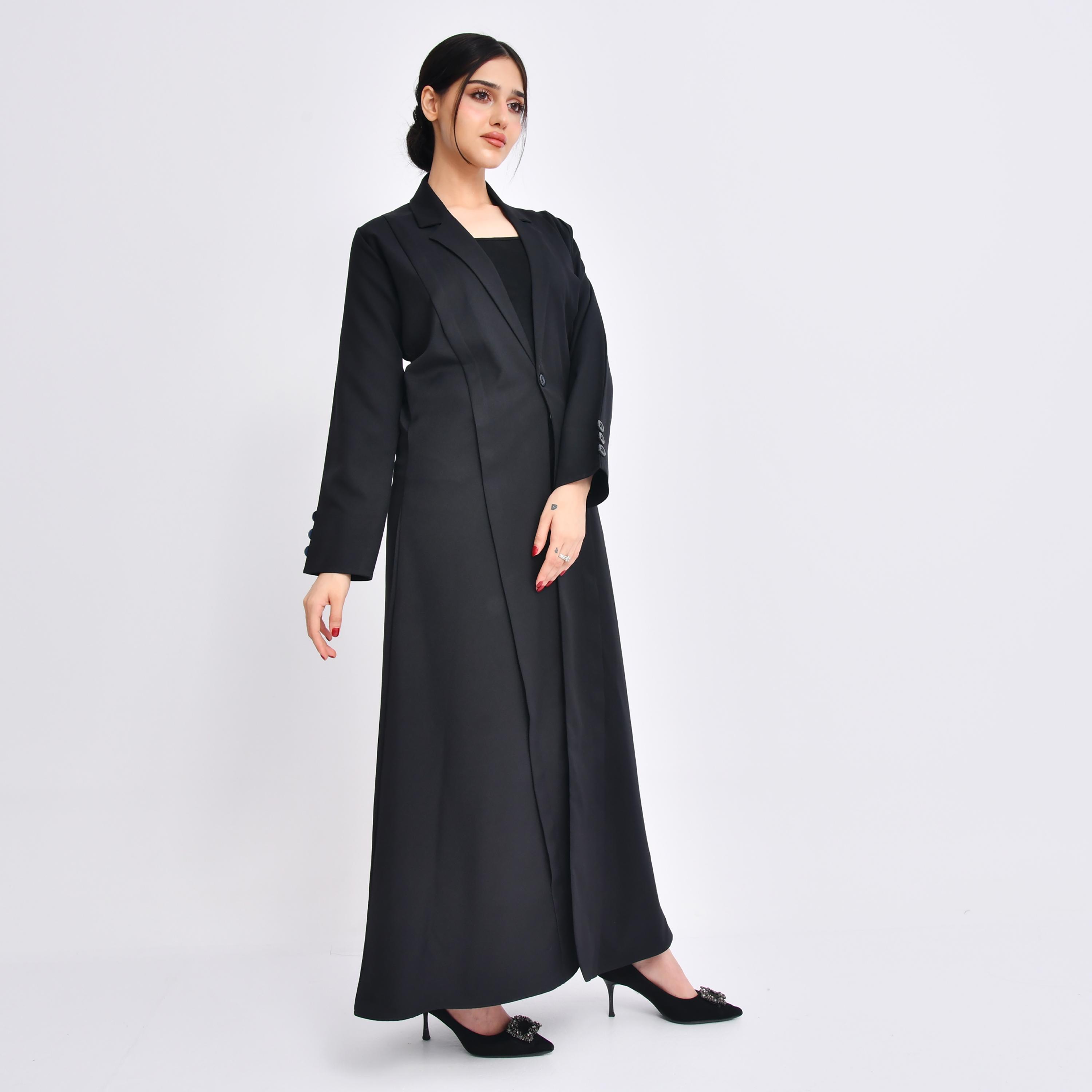 Hawraa Black Linen Lapel Collar Women's Abaya with Hijab-women-arabicclothing-abayas-image-1