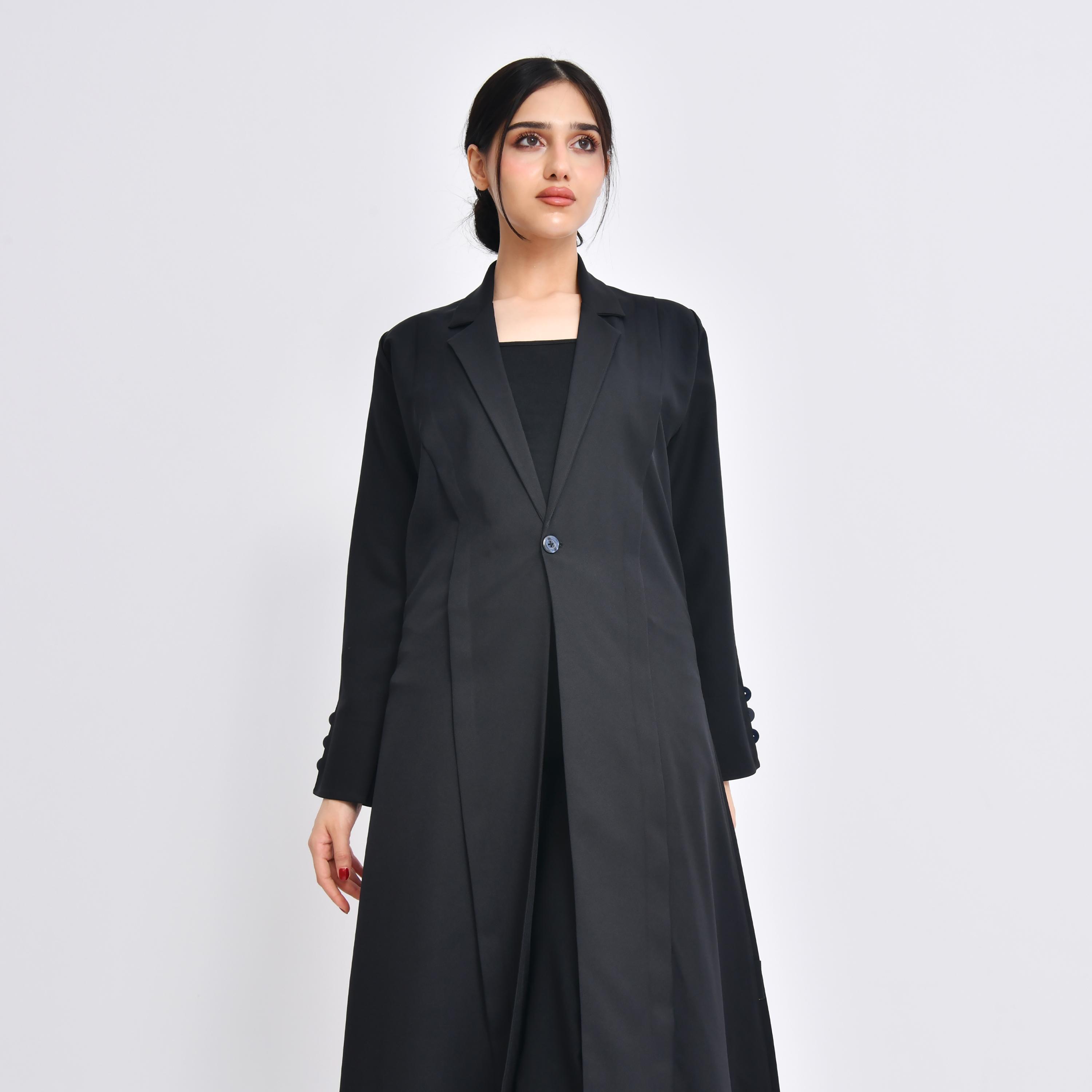 Hawraa Black Linen Lapel Collar Women's Abaya with Hijab-women-arabicclothing-abayas-image-2
