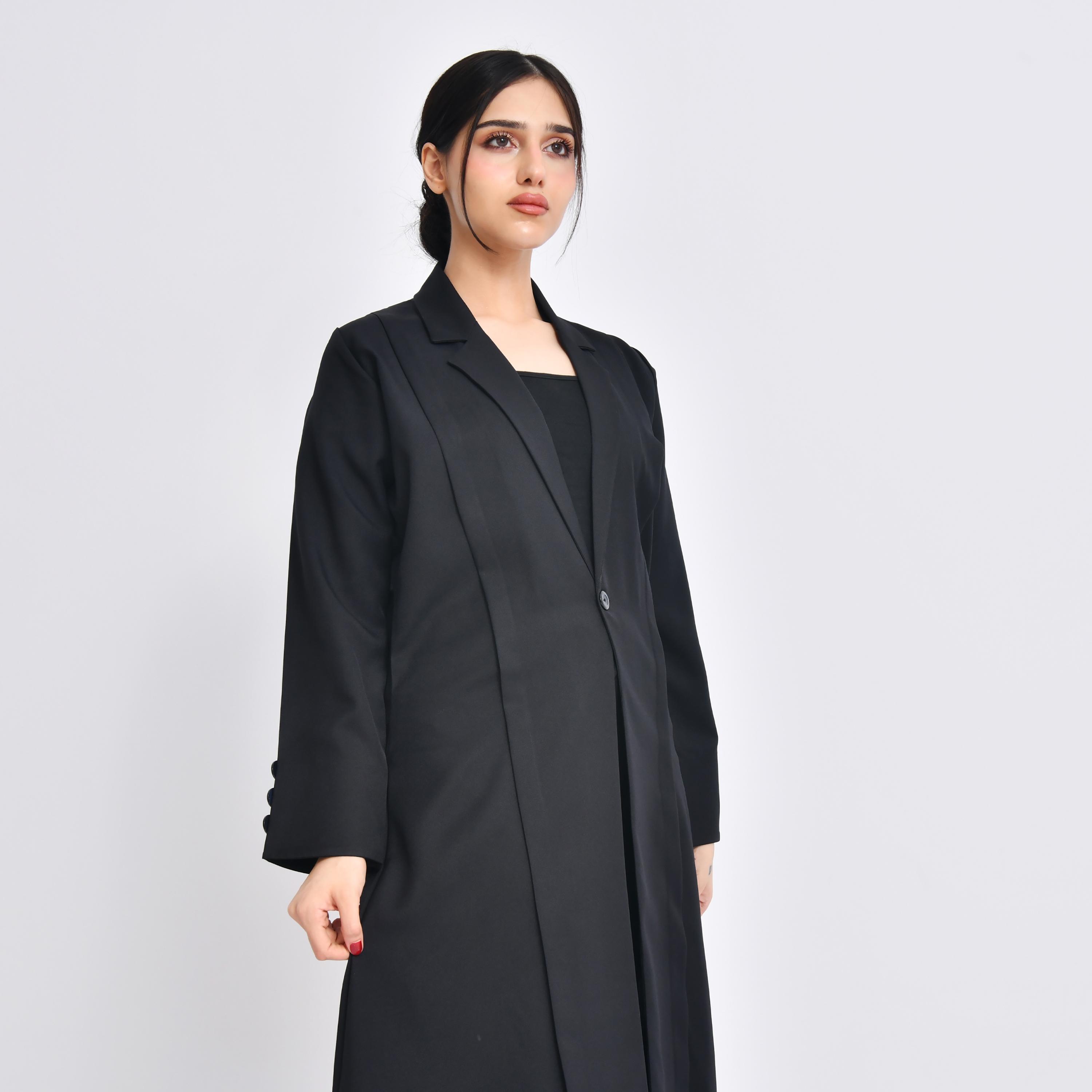Hawraa Black Linen Lapel Collar Women's Abaya with Hijab-women-arabicclothing-abayas-image-3