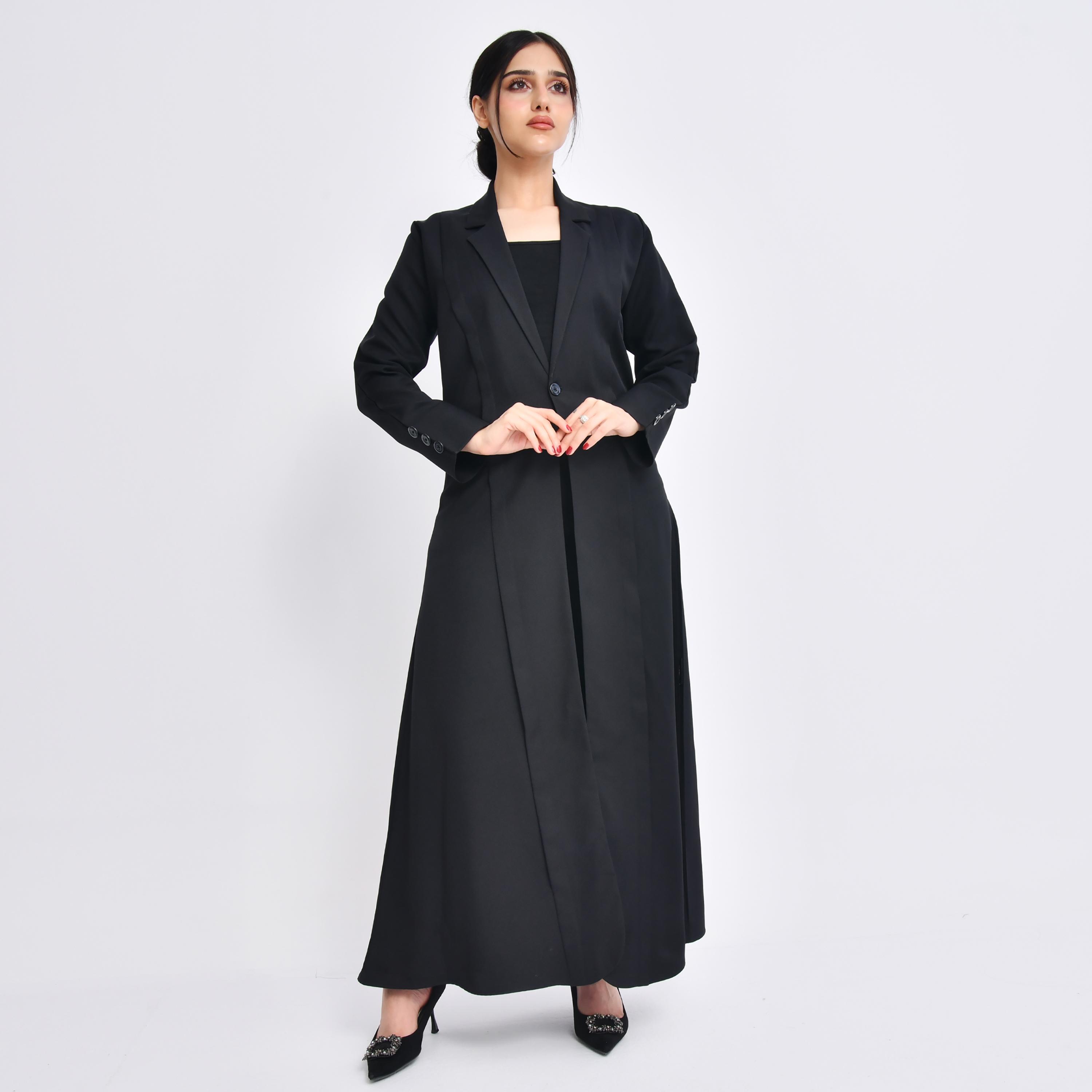 Hawraa Black Linen Lapel Collar Women's Abaya with Hijab-women-arabicclothing-abayas-image-4