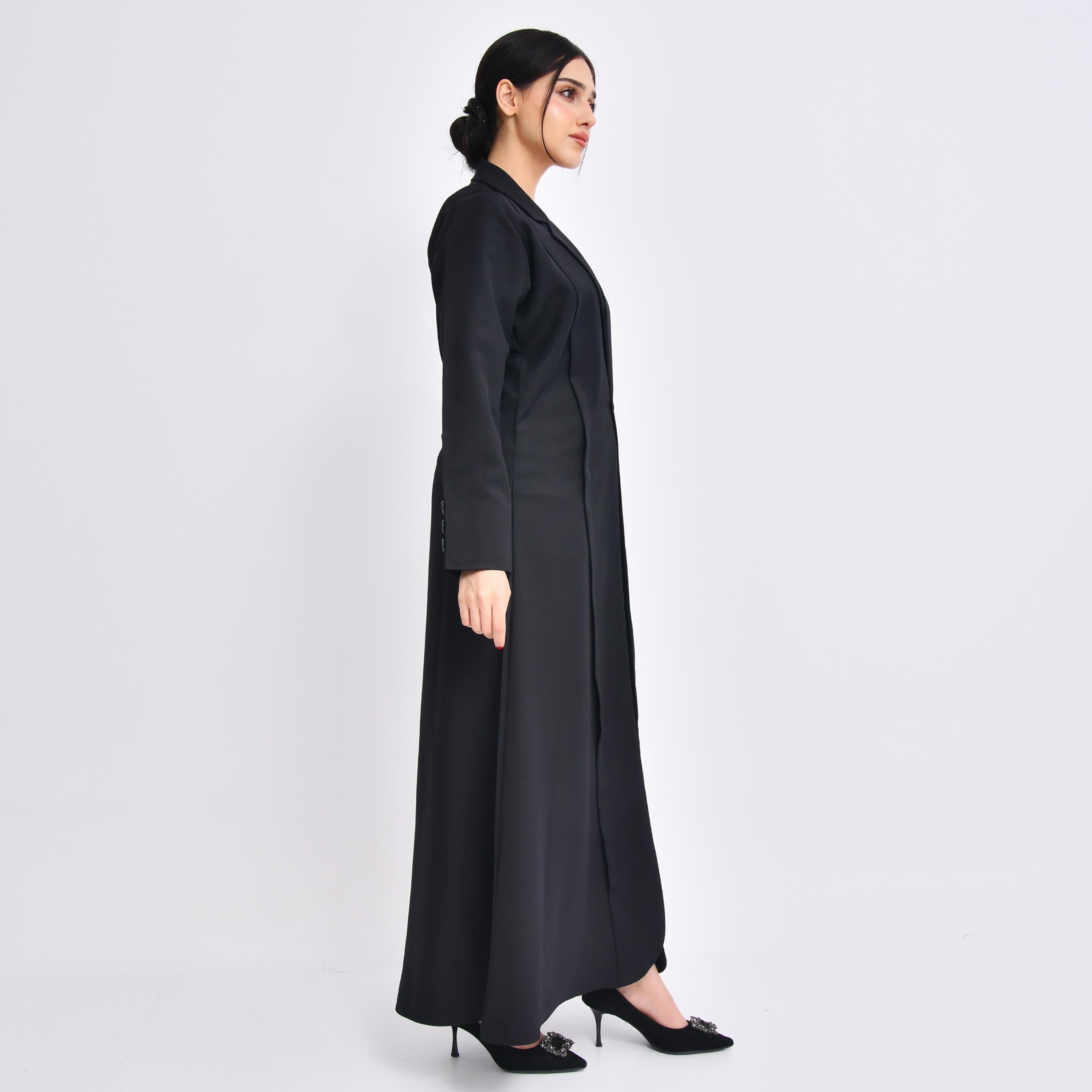 Hawraa Black Linen Lapel Collar Women's Abaya with Hijab-women-arabicclothing-abayas-image-5