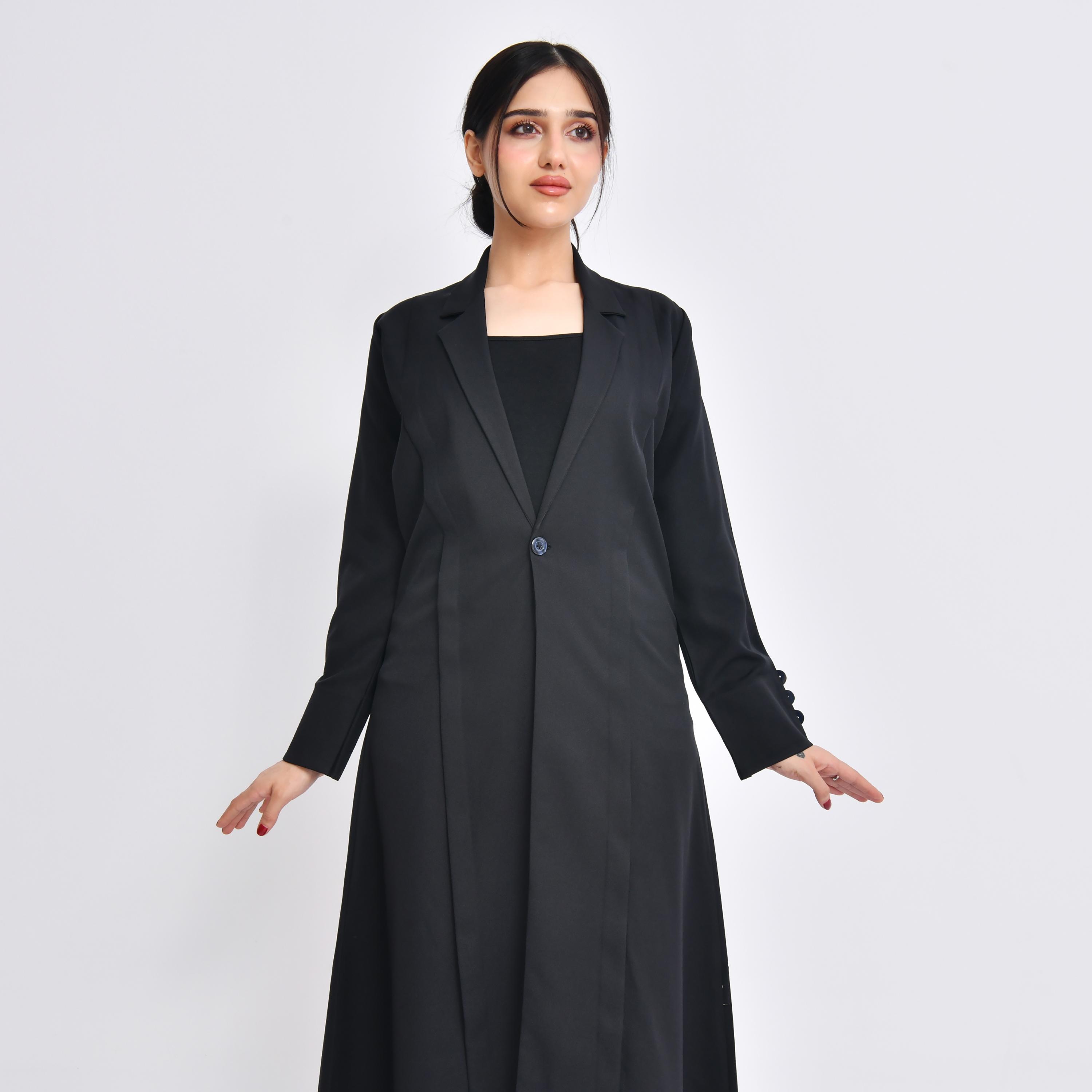 Hawraa Black Linen Lapel Collar Women's Abaya with Hijab-women-arabicclothing-abayas-image-6