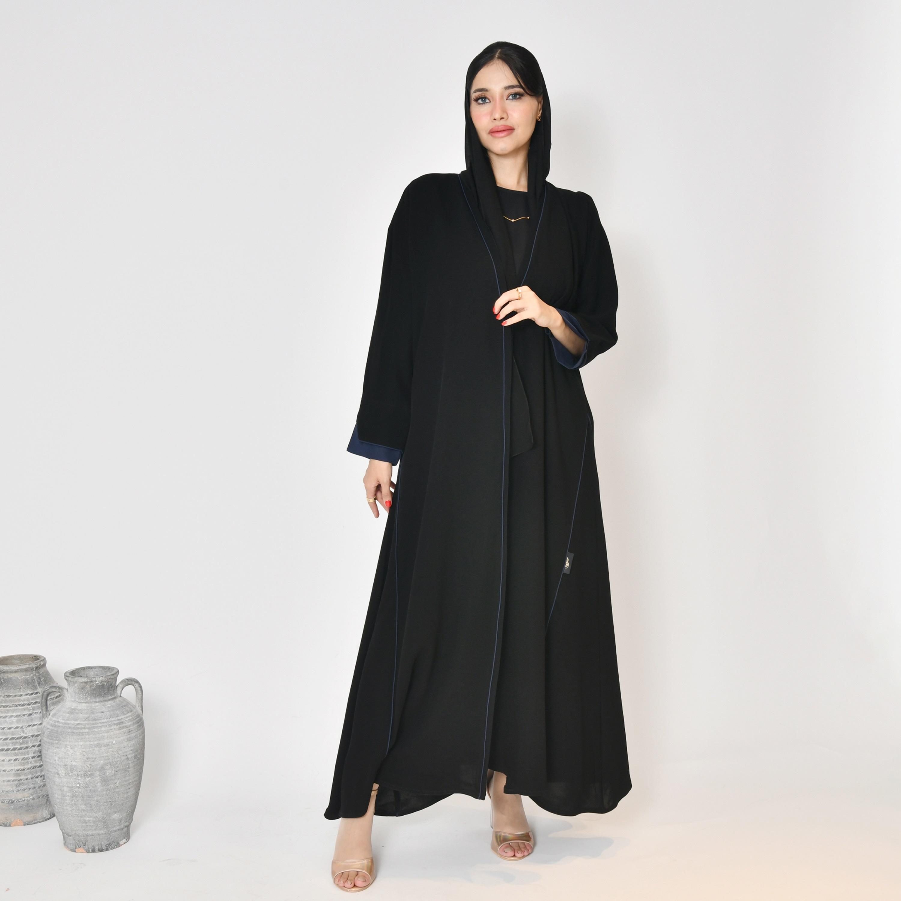 Hawraa Black Linen Women's Wrap Abaya with Hijab-women-arabicclothing-abayas-image-1
