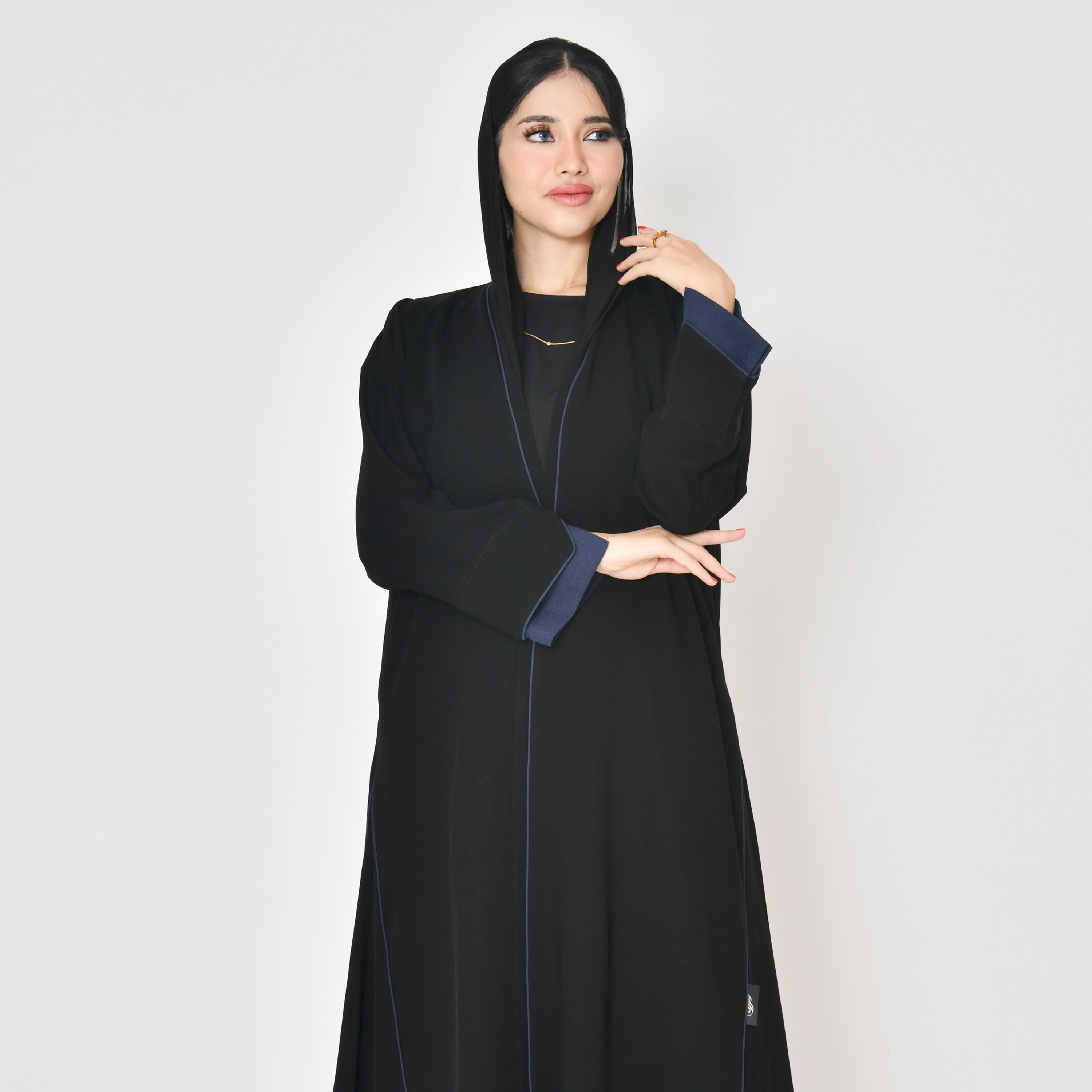 Hawraa Black Linen Women's Wrap Abaya with Hijab-women-arabicclothing-abayas-image-2
