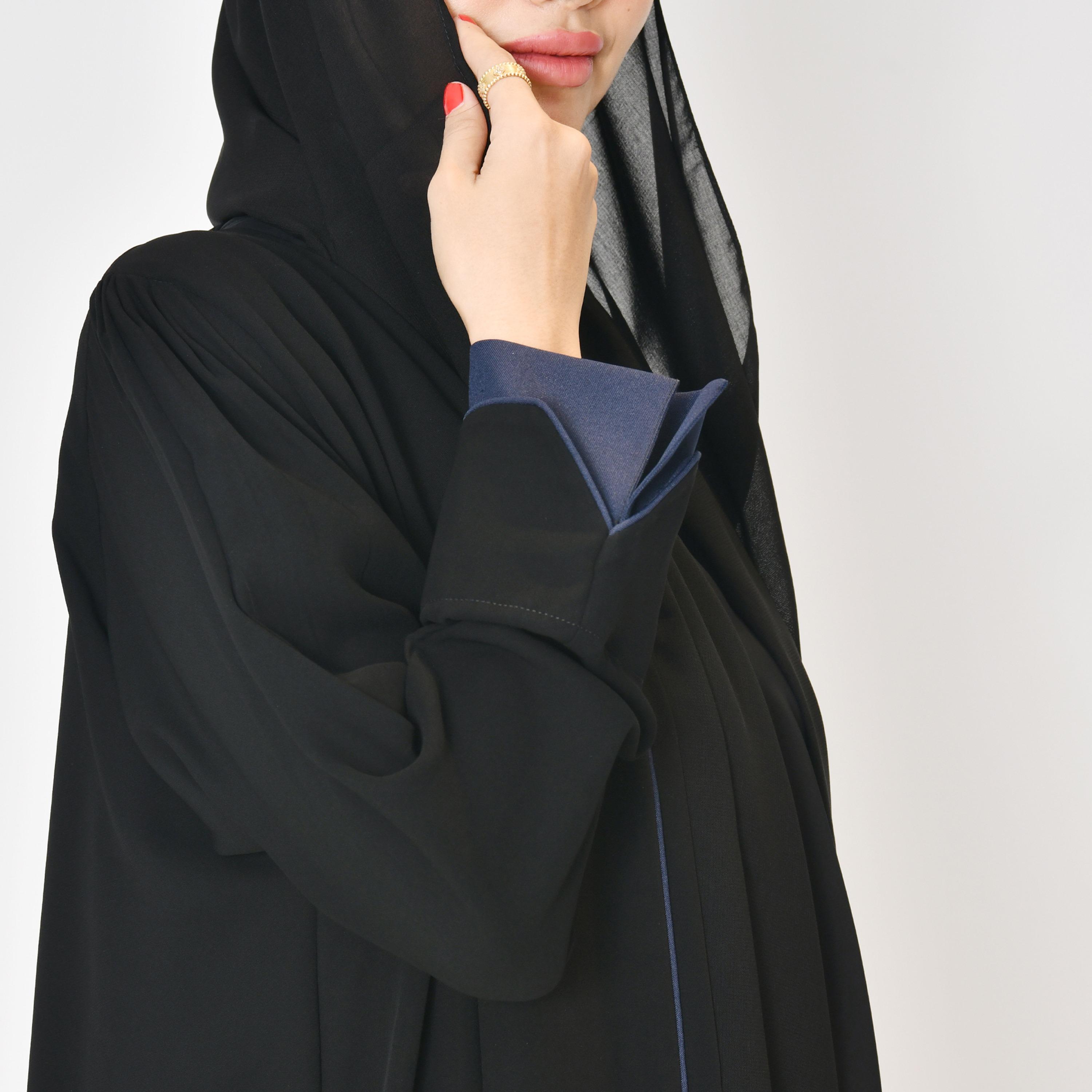 Hawraa Black Linen Women's Wrap Abaya with Hijab-women-arabicclothing-abayas-image-3