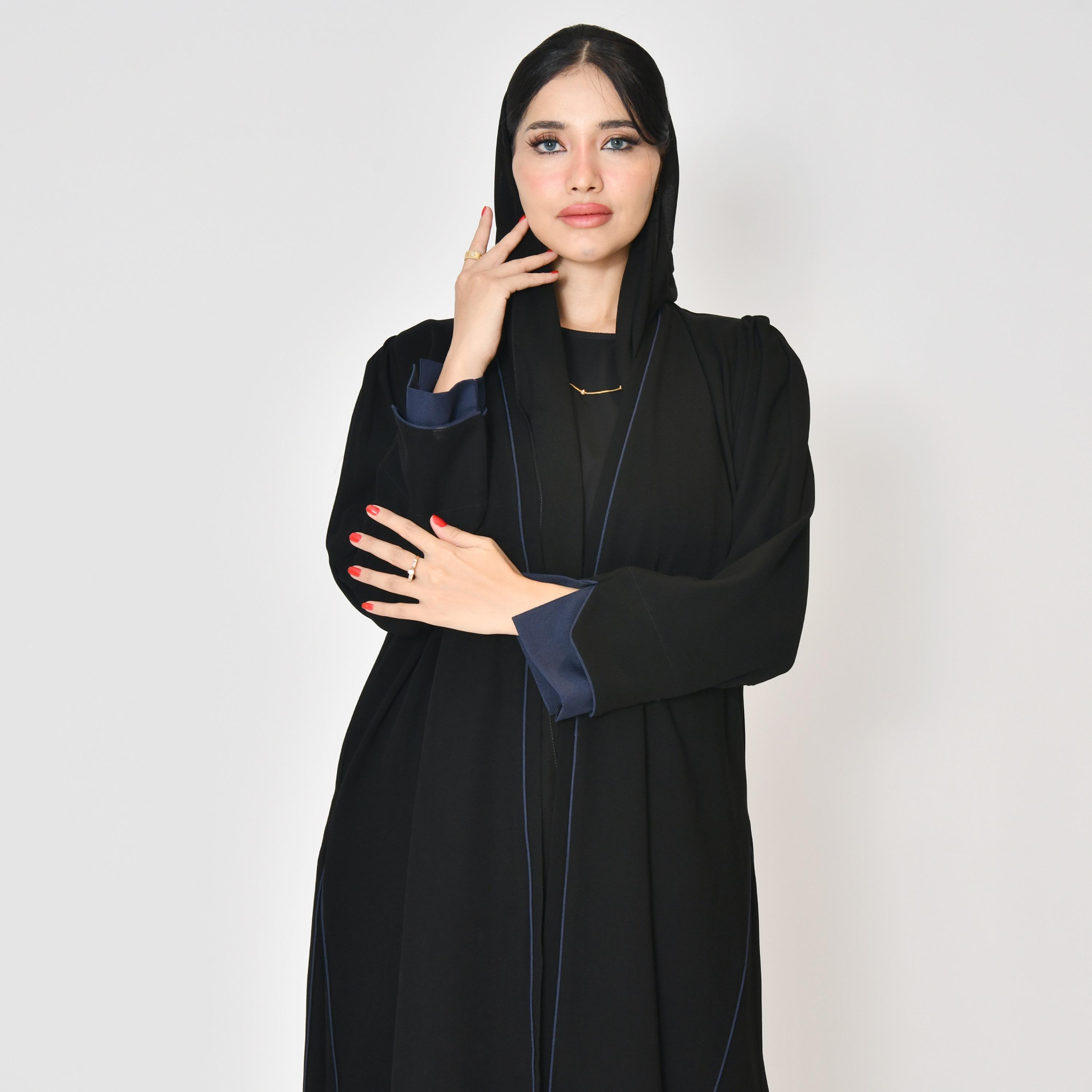 Hawraa Black Linen Women's Wrap Abaya with Hijab-women-arabicclothing-abayas-image-4