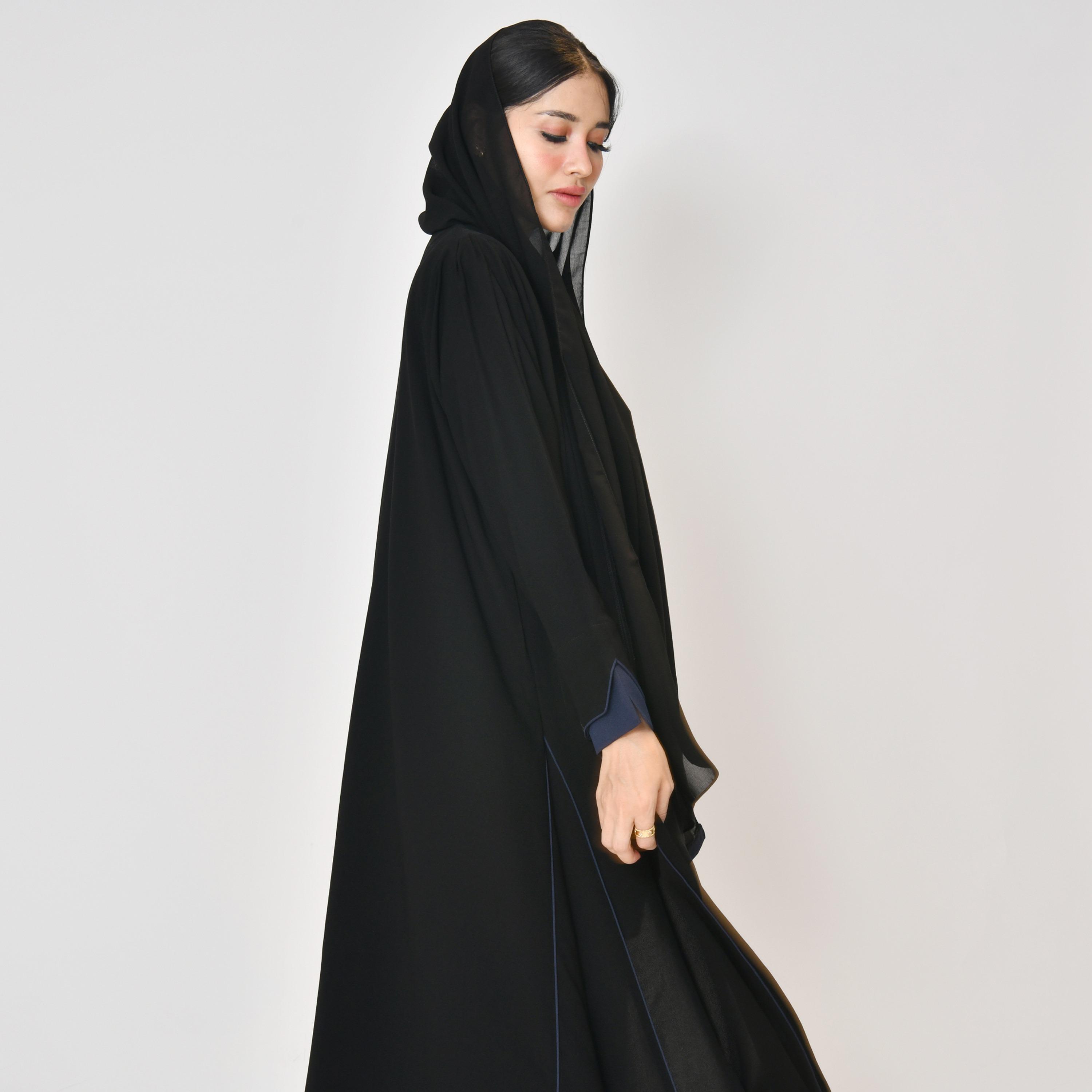 Hawraa Black Linen Women's Wrap Abaya with Hijab-women-arabicclothing-abayas-image-5