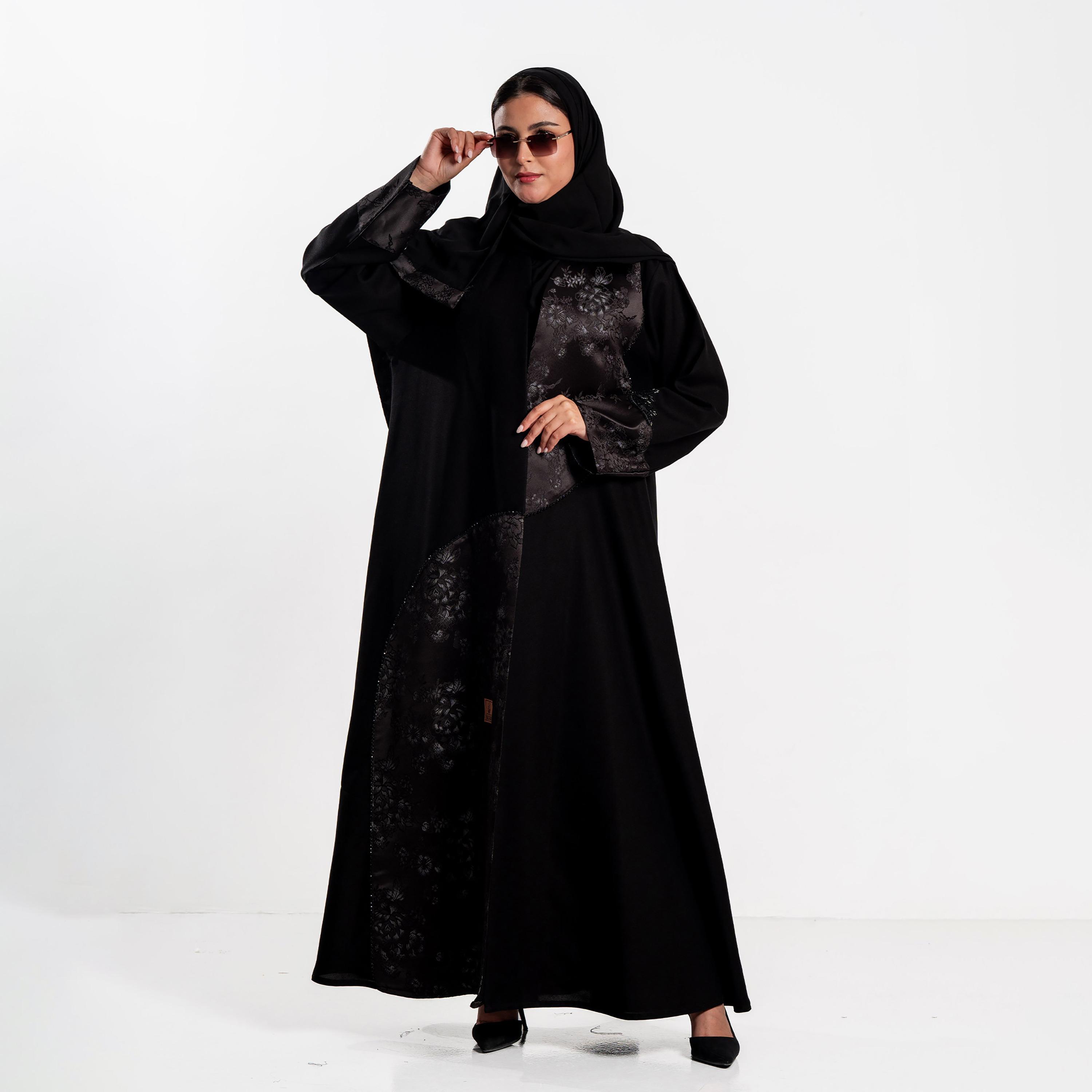 Zahiyh Black Floral Print Women's Abaya with Hijab-women-arabicclothing-abayas-image-1