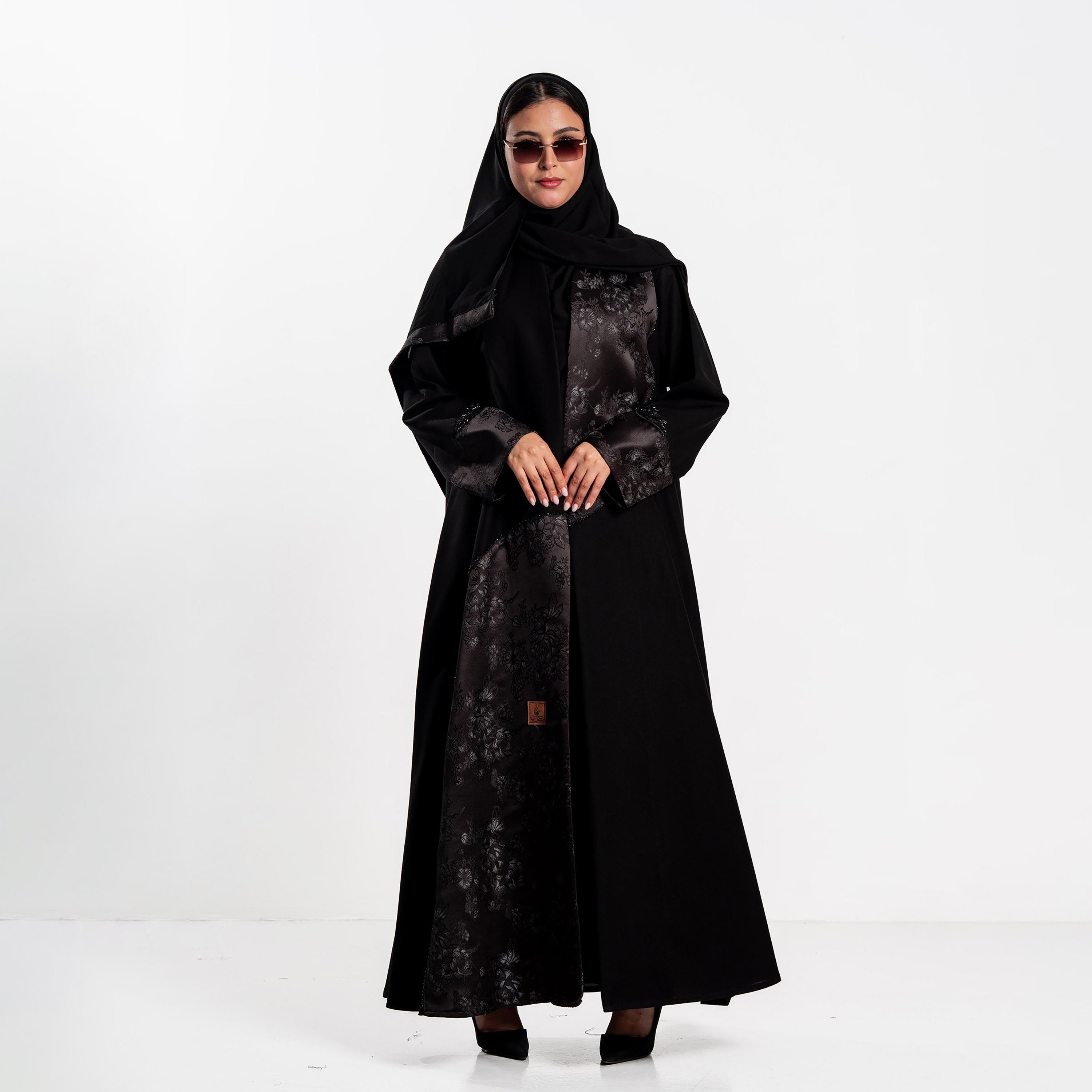 Zahiyh Black Floral Print Women's Abaya with Hijab-women-arabicclothing-abayas-image-2