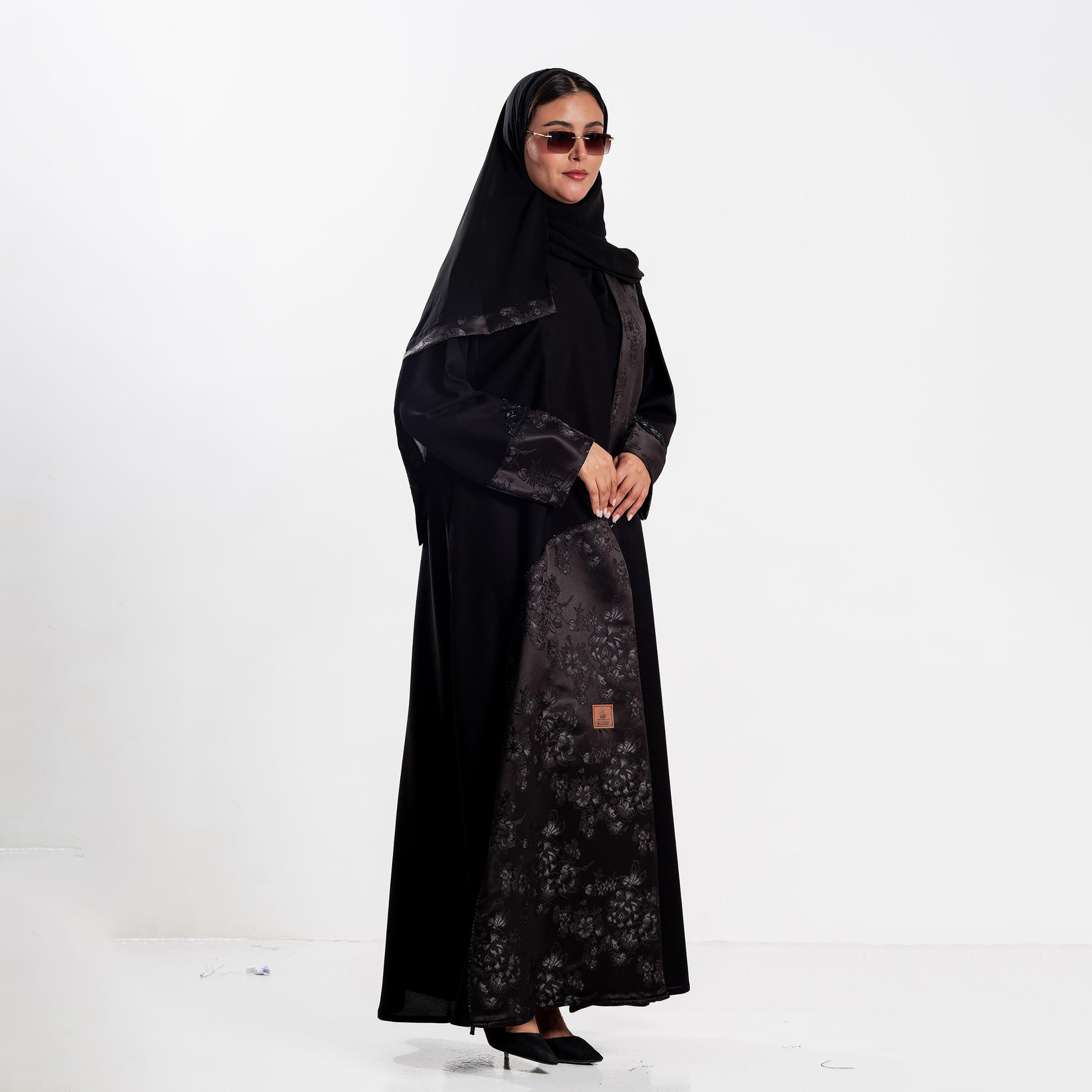 Zahiyh Black Floral Print Women's Abaya with Hijab-women-arabicclothing-abayas-image-3