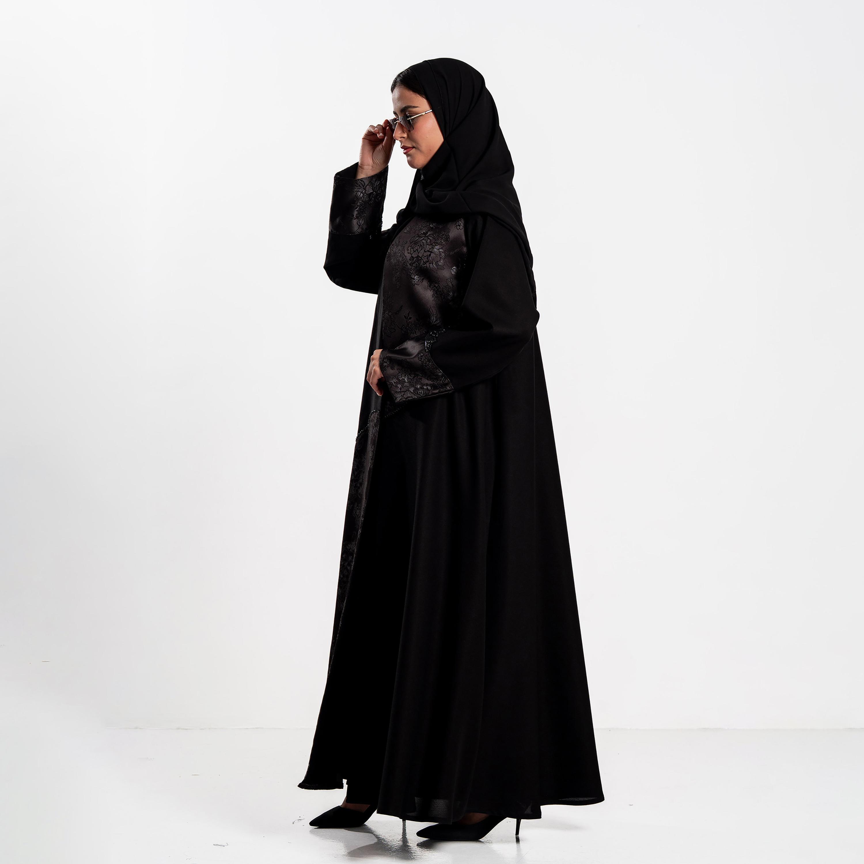 Zahiyh Black Floral Print Women's Abaya with Hijab-women-arabicclothing-abayas-image-4
