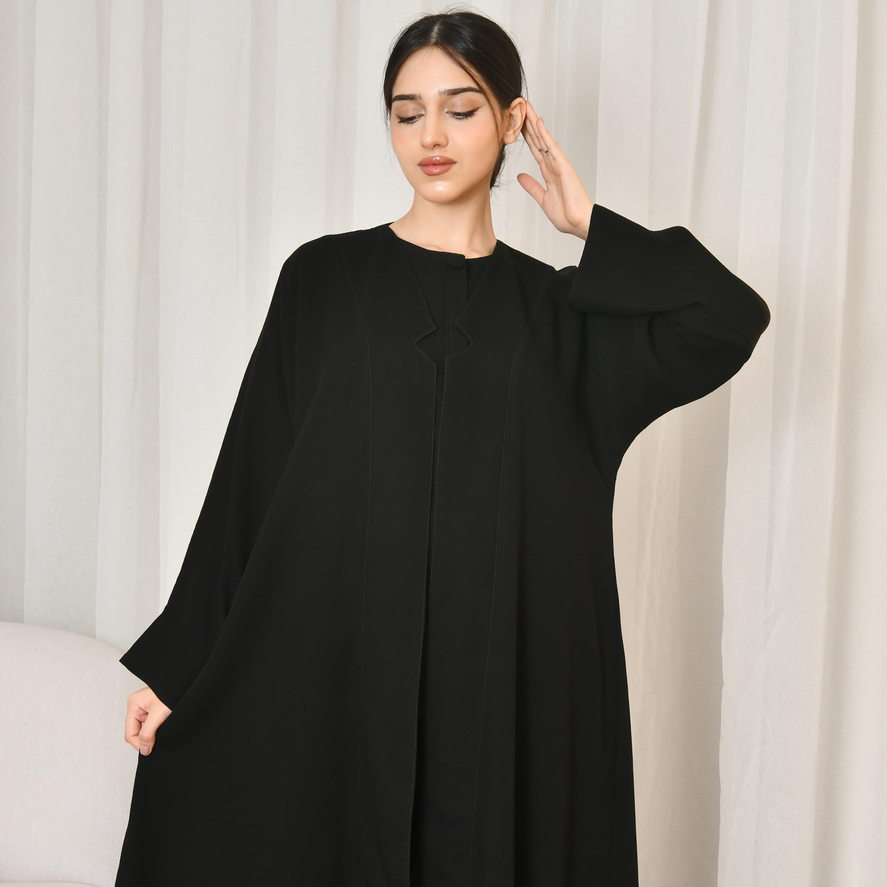 Hawraa 3 Piece Set Black Crepe Women's Abaya with Top and Bottom-women-arabicclothing-abayas-image-2