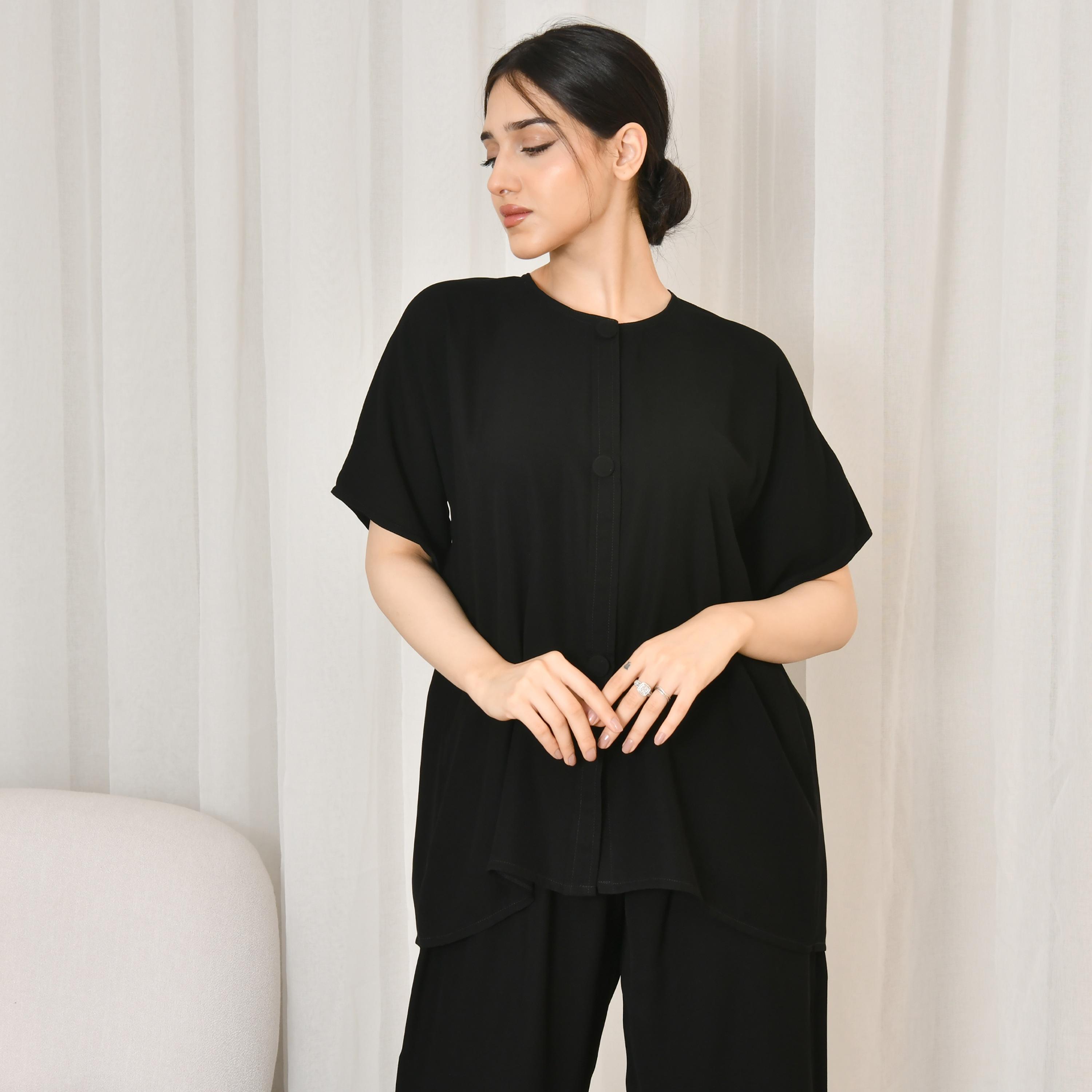 Hawraa 3 Piece Set Black Crepe Women's Abaya with Top and Bottom-women-arabicclothing-abayas-image-5
