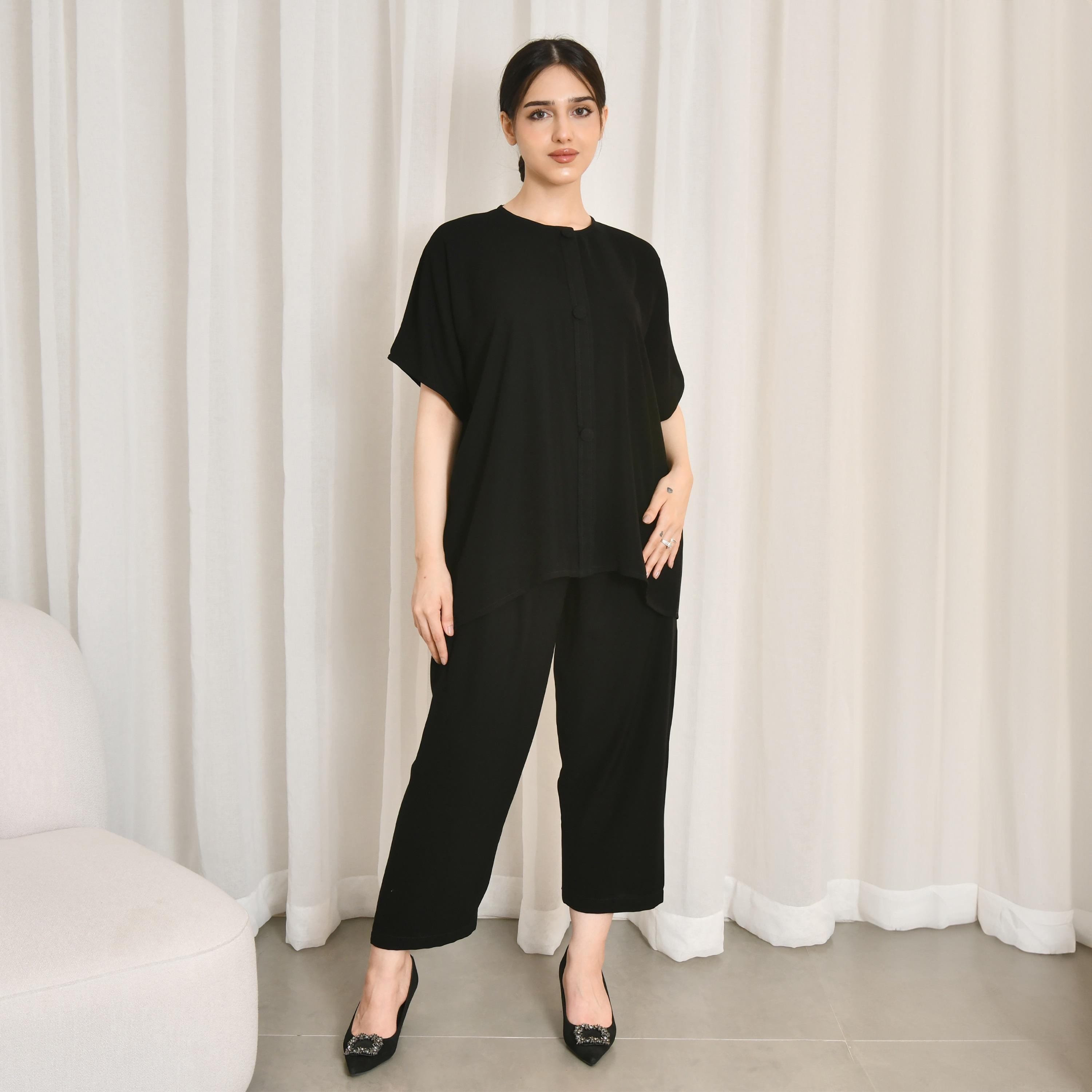 Hawraa 3 Piece Set Black Crepe Women's Abaya with Top and Bottom-women-arabicclothing-abayas-image-6