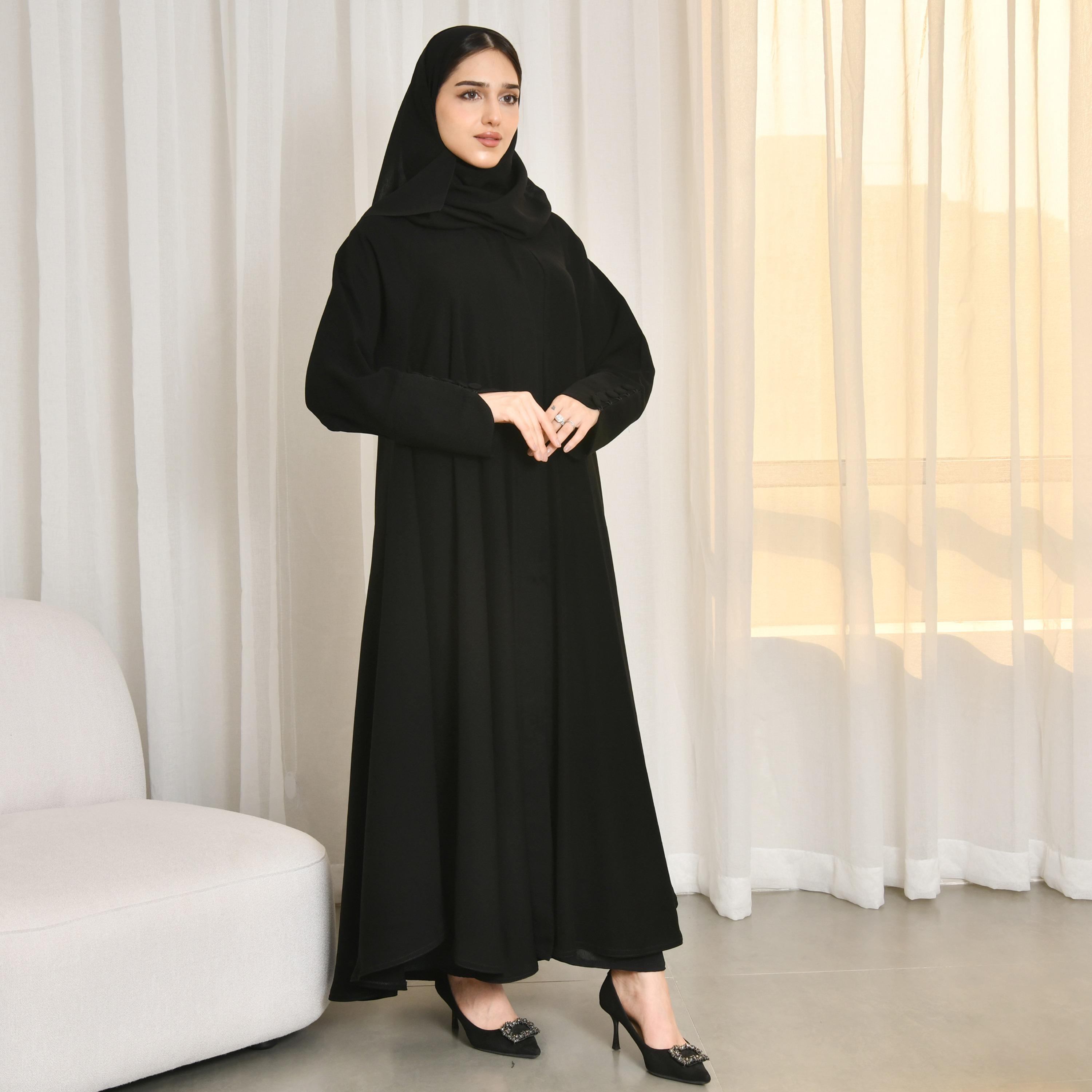 Hawraa Black Button Cuff Sleeves Linen Women's Blazer Style Abaya with Hijab-women-arabicclothing-prayerclothing-image-1