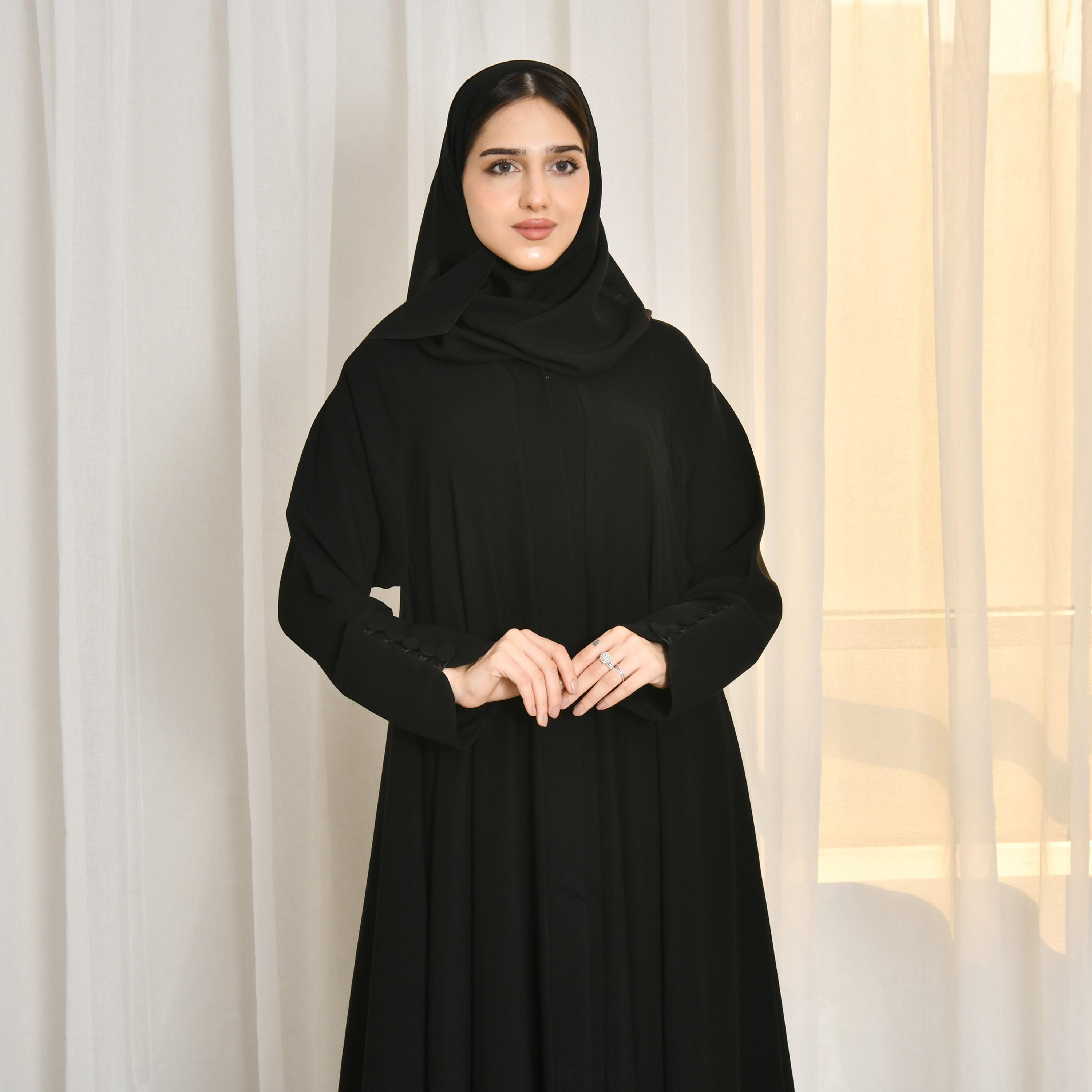 Hawraa Black Button Cuff Sleeves Linen Women's Blazer Style Abaya with Hijab-women-arabicclothing-prayerclothing-image-2