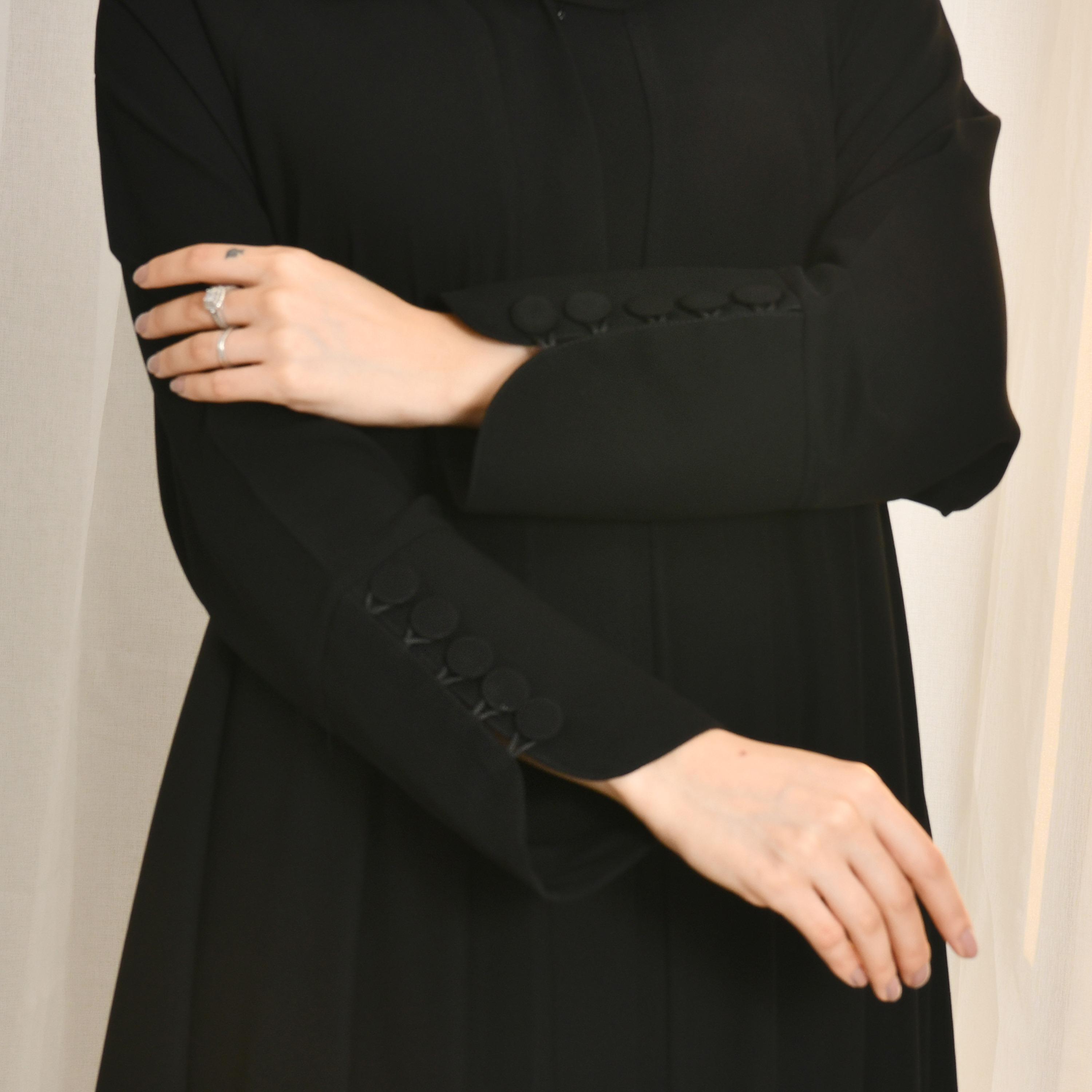 Hawraa Black Button Cuff Sleeves Linen Women's Blazer Style Abaya with Hijab-women-arabicclothing-prayerclothing-image-3