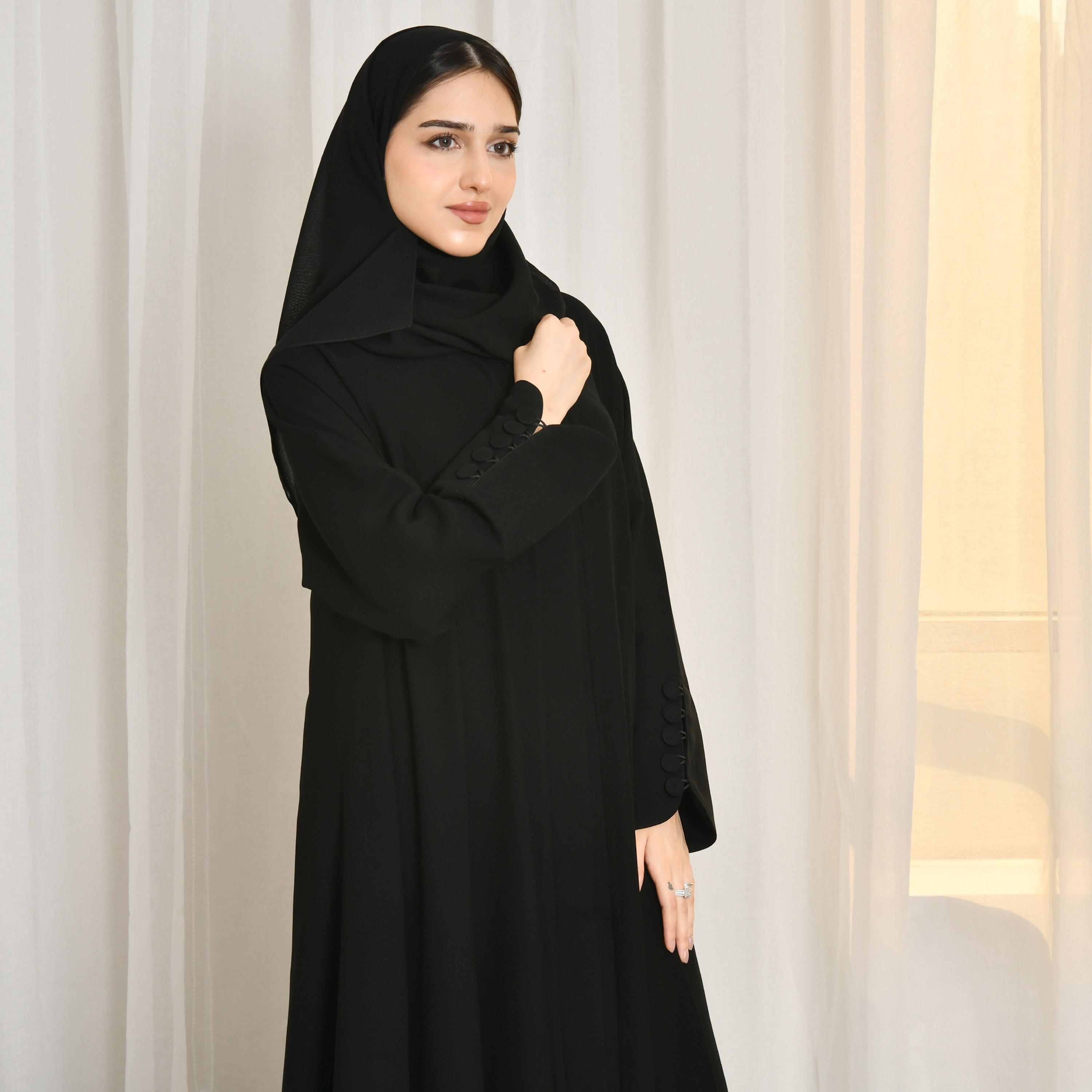 Hawraa Black Button Cuff Sleeves Linen Women's Blazer Style Abaya with Hijab-women-arabicclothing-prayerclothing-image-4