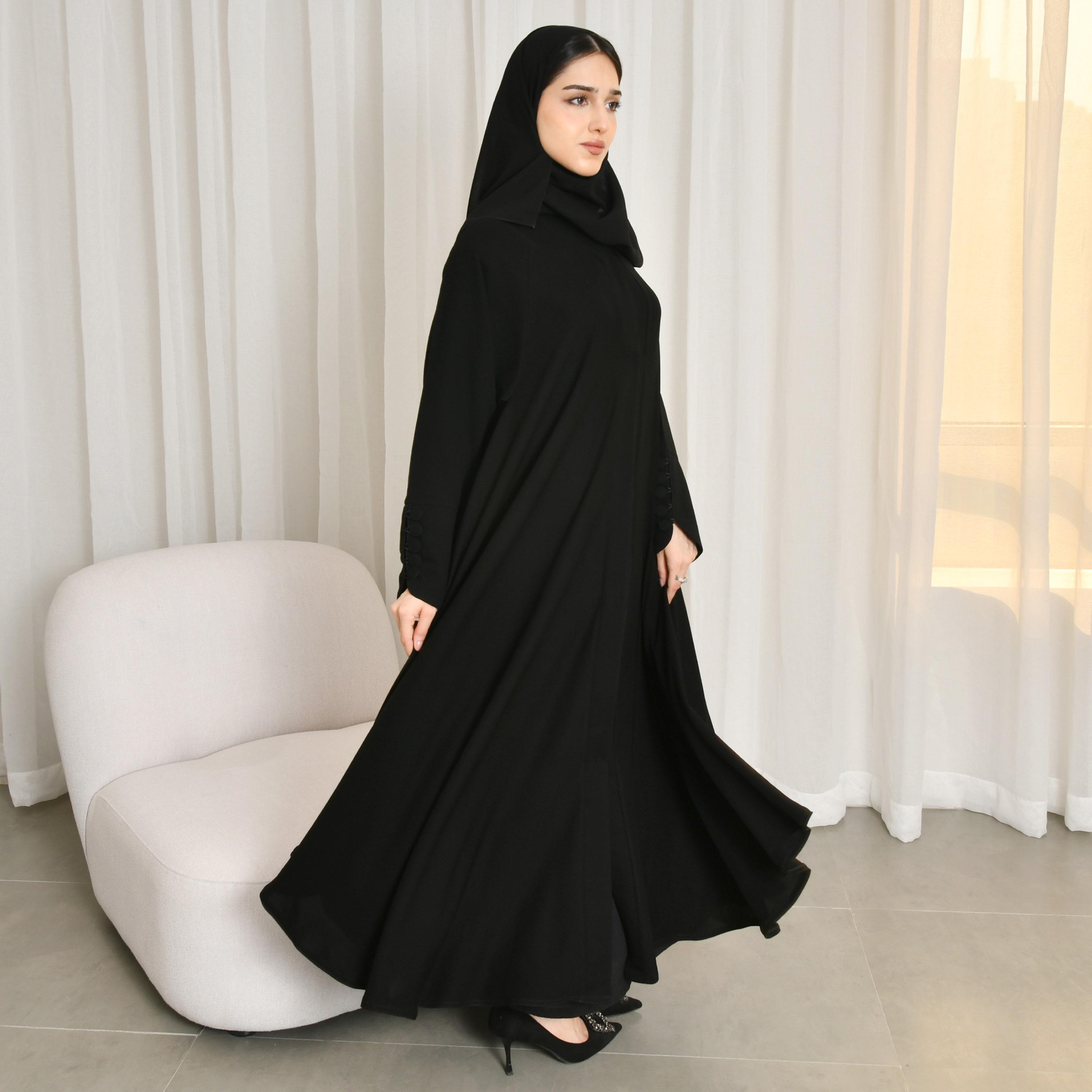 Hawraa Black Button Cuff Sleeves Linen Women's Blazer Style Abaya with Hijab-women-arabicclothing-prayerclothing-image-5