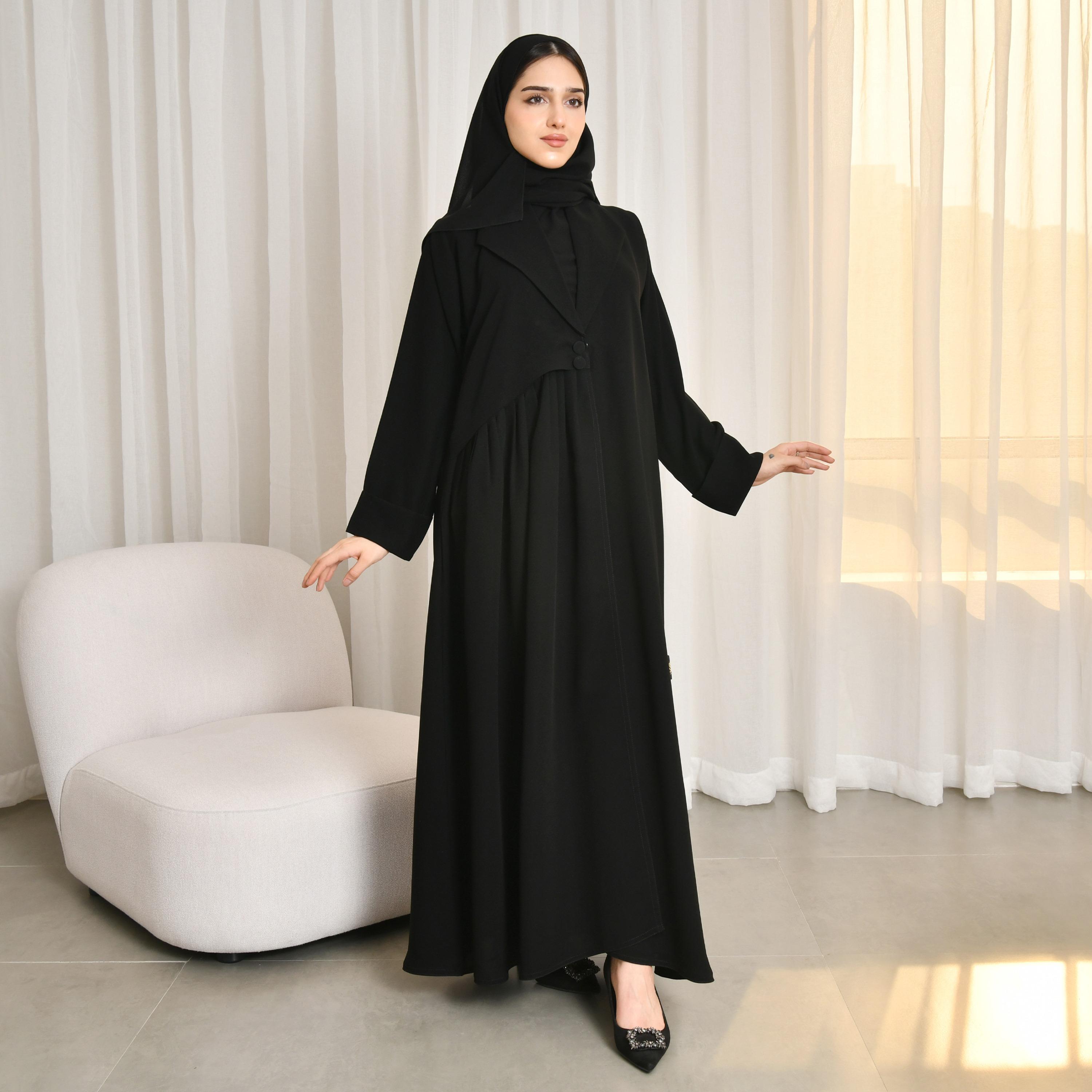 Hawraa Black Lapel Collared Cuff Sleeves Linen Women's Blazer Style Abaya with Hijab-women-arabicclothing-prayerclothing-image-1