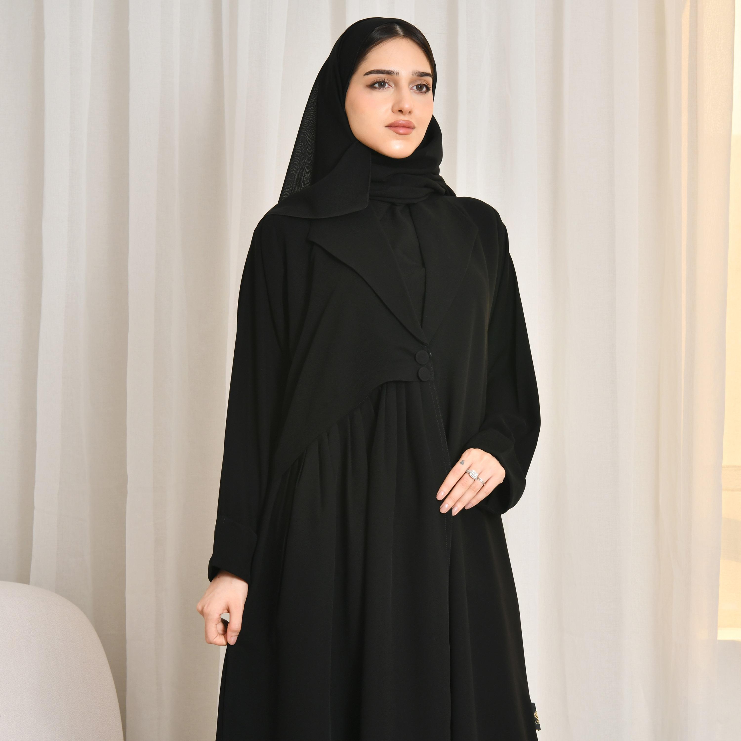 Hawraa Black Lapel Collared Cuff Sleeves Linen Women's Blazer Style Abaya with Hijab-women-arabicclothing-prayerclothing-image-2