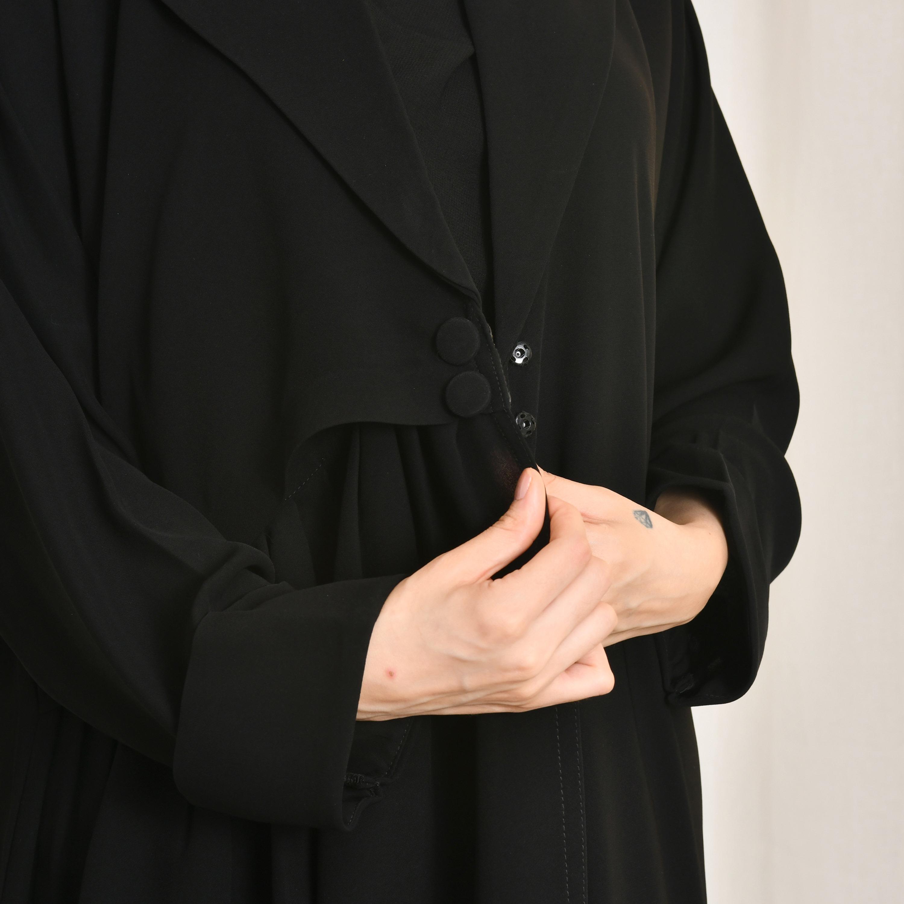 Hawraa Black Lapel Collared Cuff Sleeves Linen Women's Blazer Style Abaya with Hijab-women-arabicclothing-prayerclothing-image-3