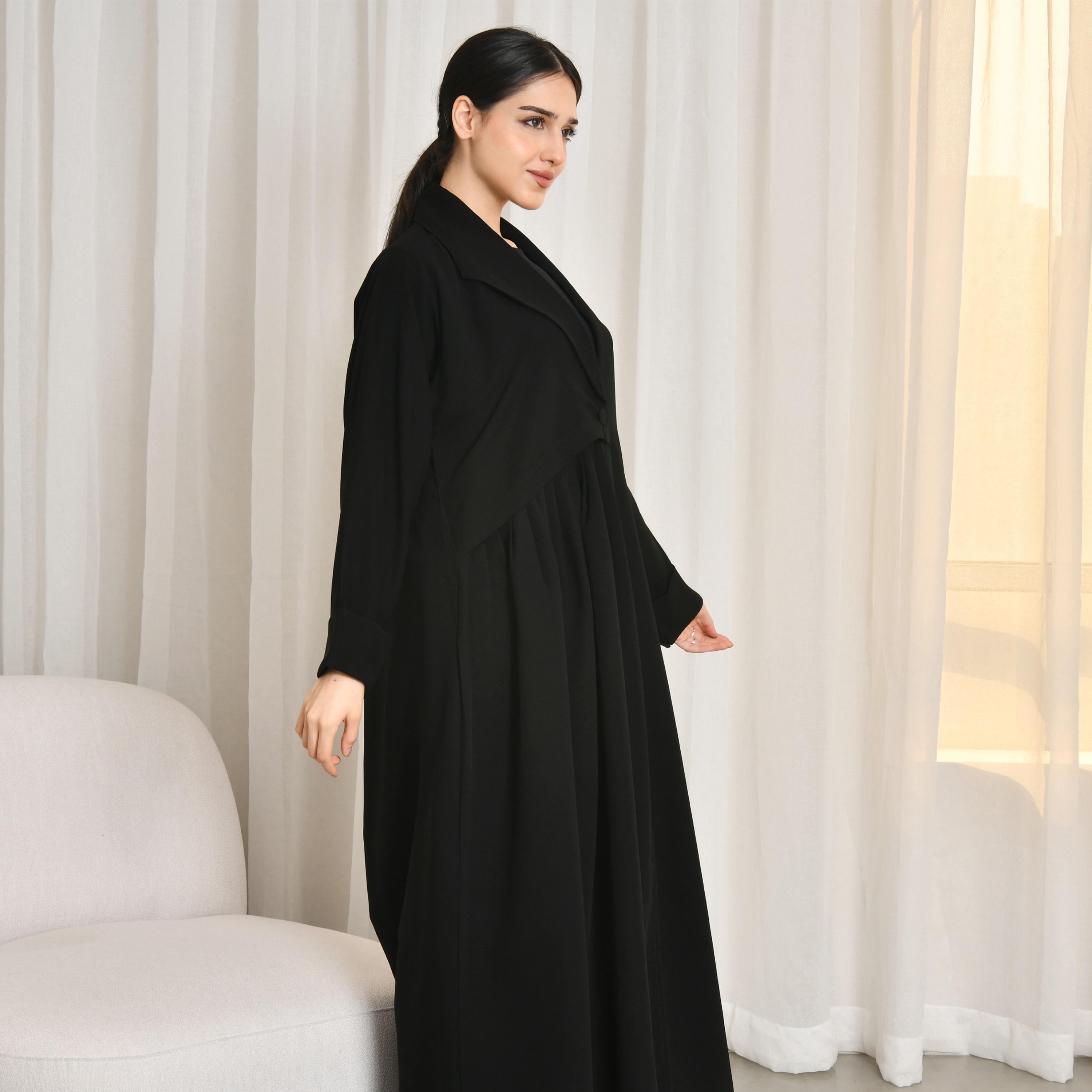 Hawraa Black Lapel Collared Cuff Sleeves Linen Women's Blazer Style Abaya with Hijab-women-arabicclothing-prayerclothing-image-4