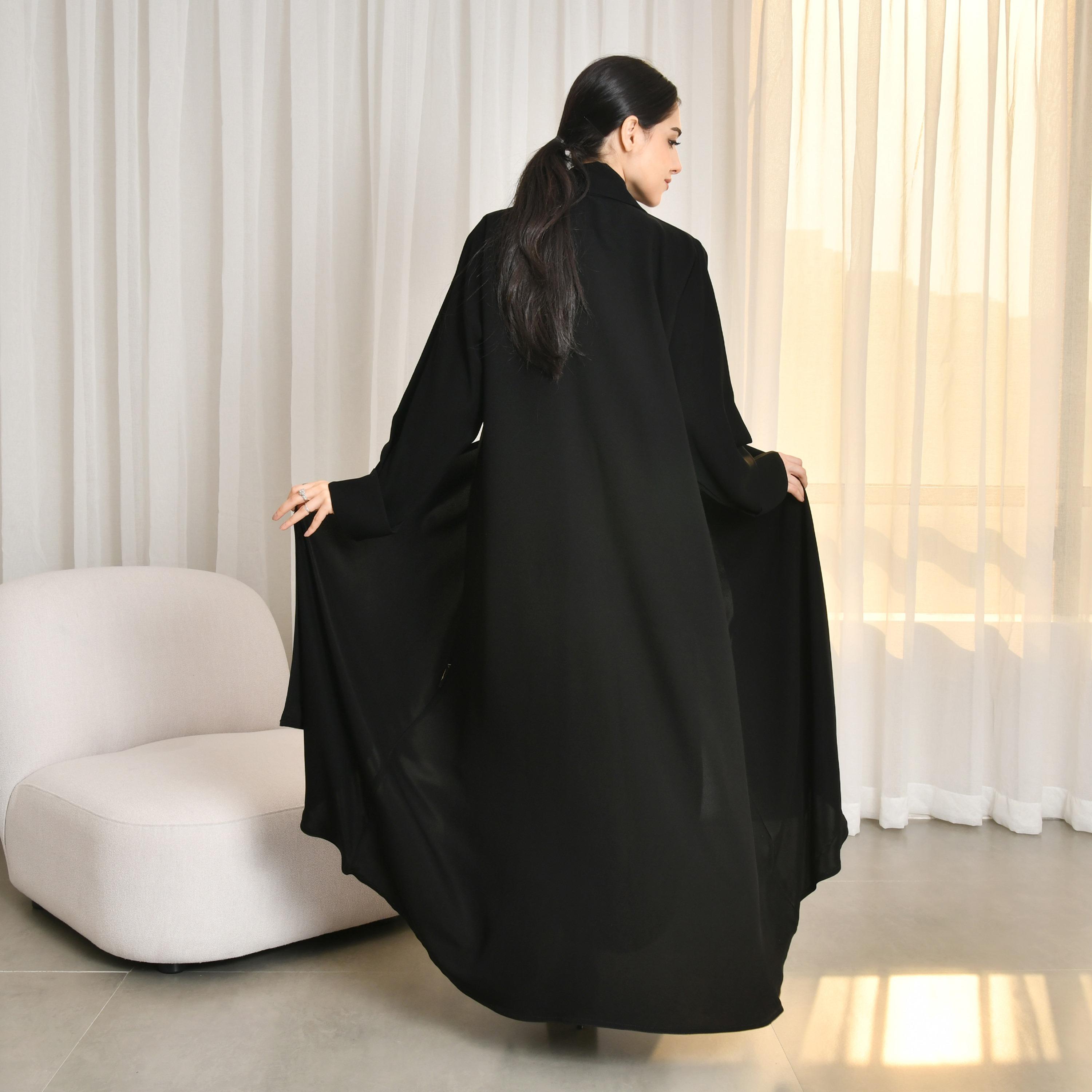 Hawraa Black Lapel Collared Cuff Sleeves Linen Women's Blazer Style Abaya with Hijab-women-arabicclothing-prayerclothing-image-5