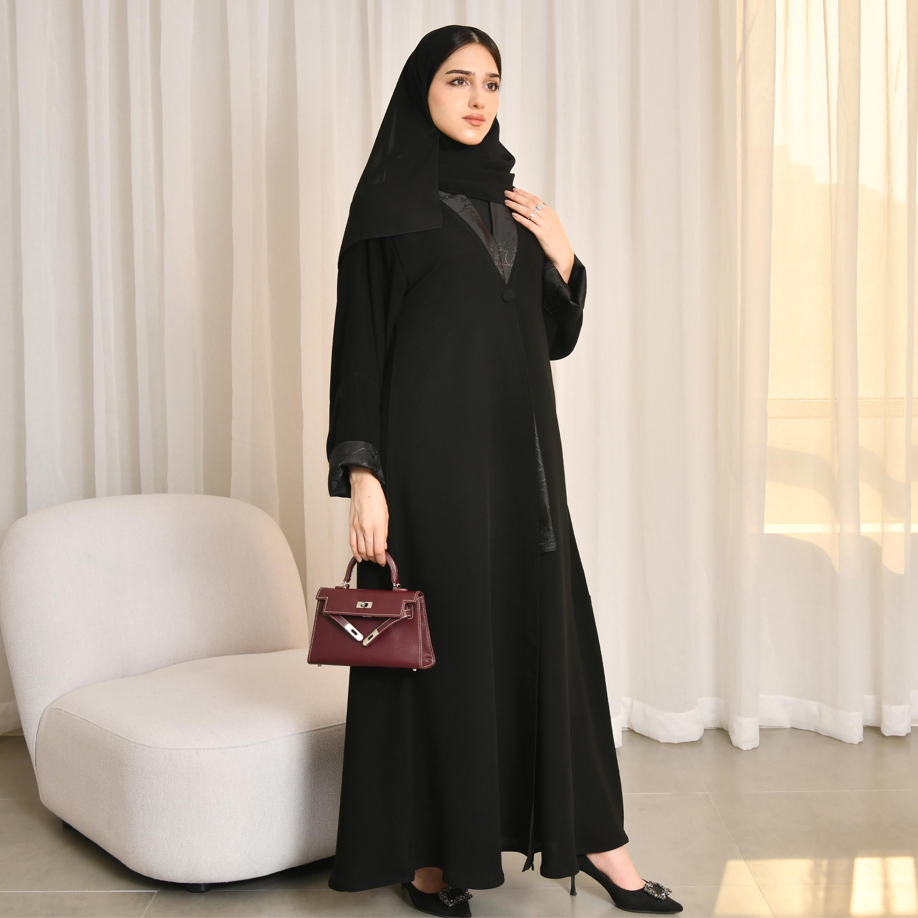 Hawraa Black Jacquard Women's Abaya with Hijab-women-arabicclothing-abayas-image-1
