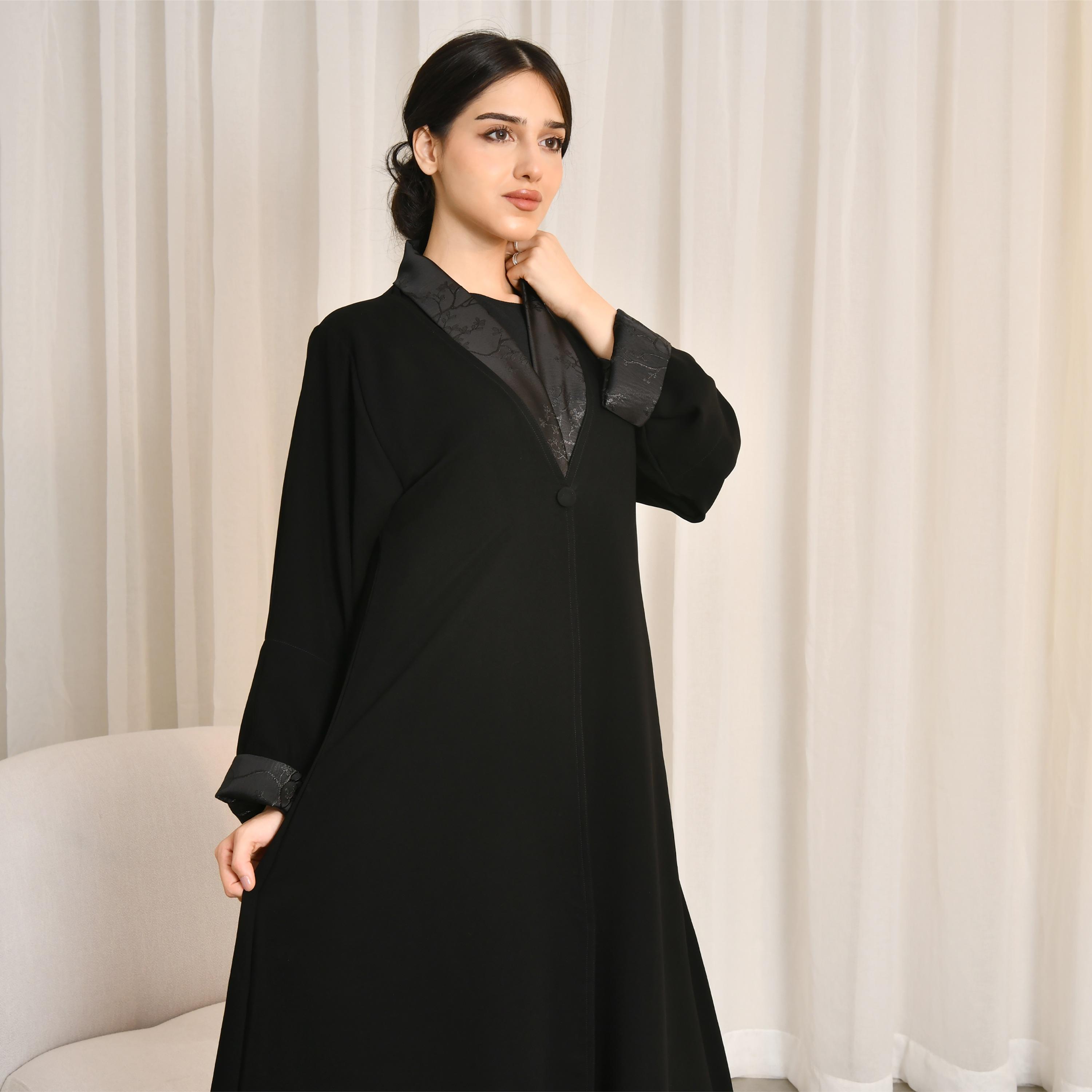 Hawraa Black Jacquard Women's Abaya with Hijab-women-arabicclothing-abayas-image-2