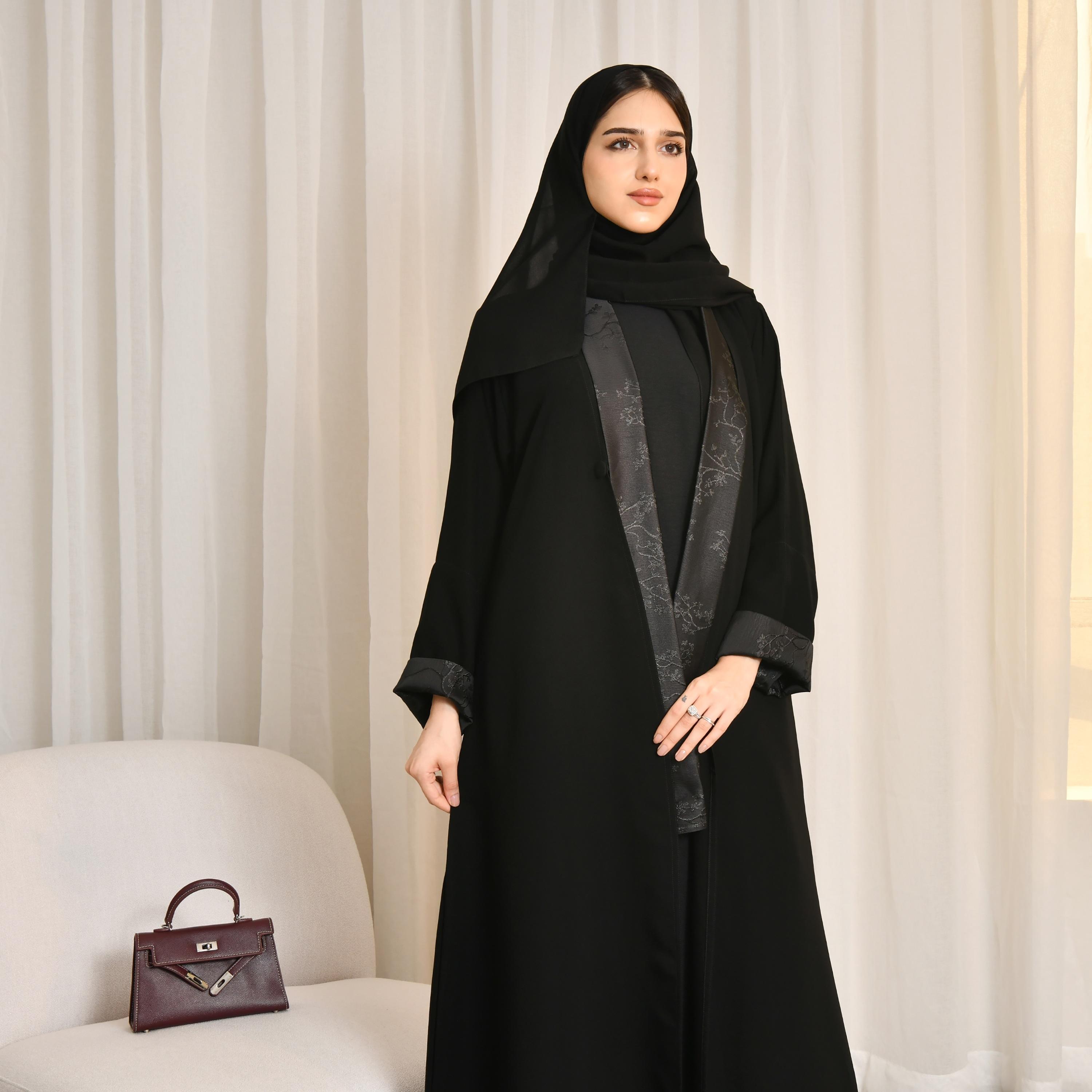Hawraa Black Jacquard Women's Abaya with Hijab-women-arabicclothing-abayas-image-5