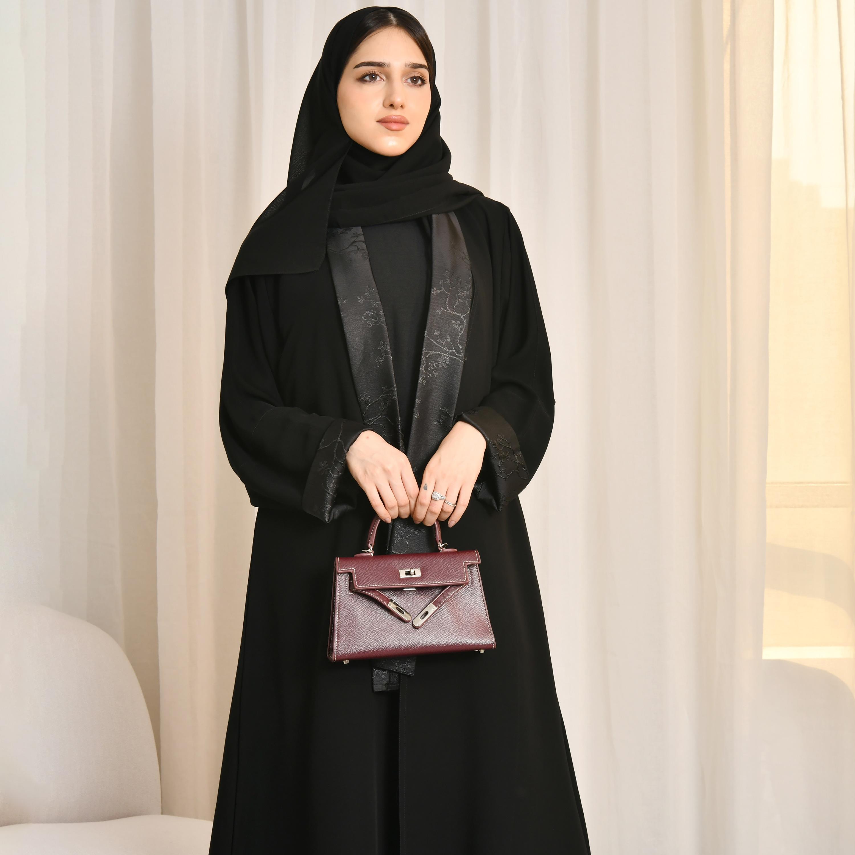 Hawraa Black Jacquard Women's Abaya with Hijab-women-arabicclothing-abayas-image-6