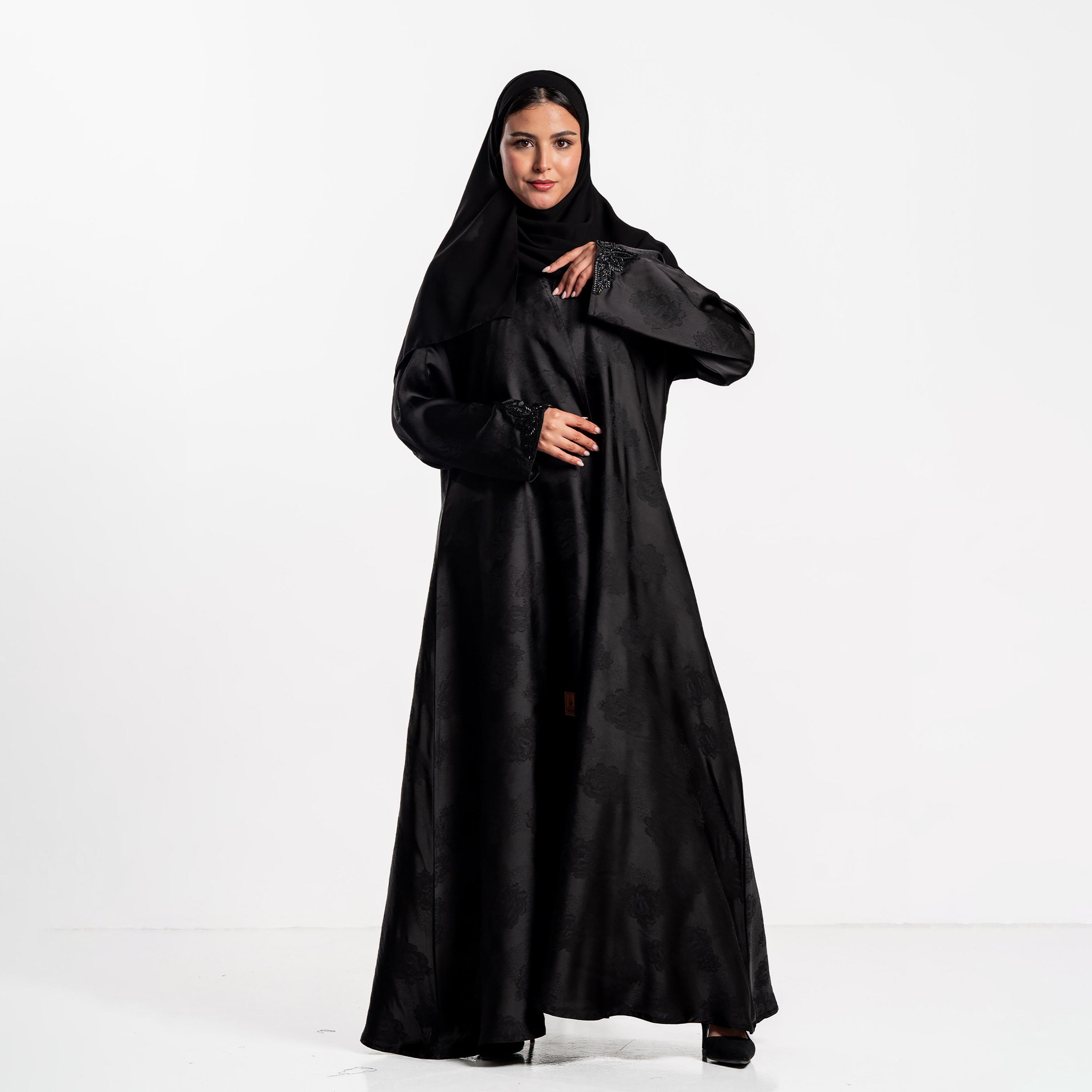 عباءة سوداء بطبعة زهور مع حجاب للنساء من زاهية-women-arabicclothing-abayas-image-2