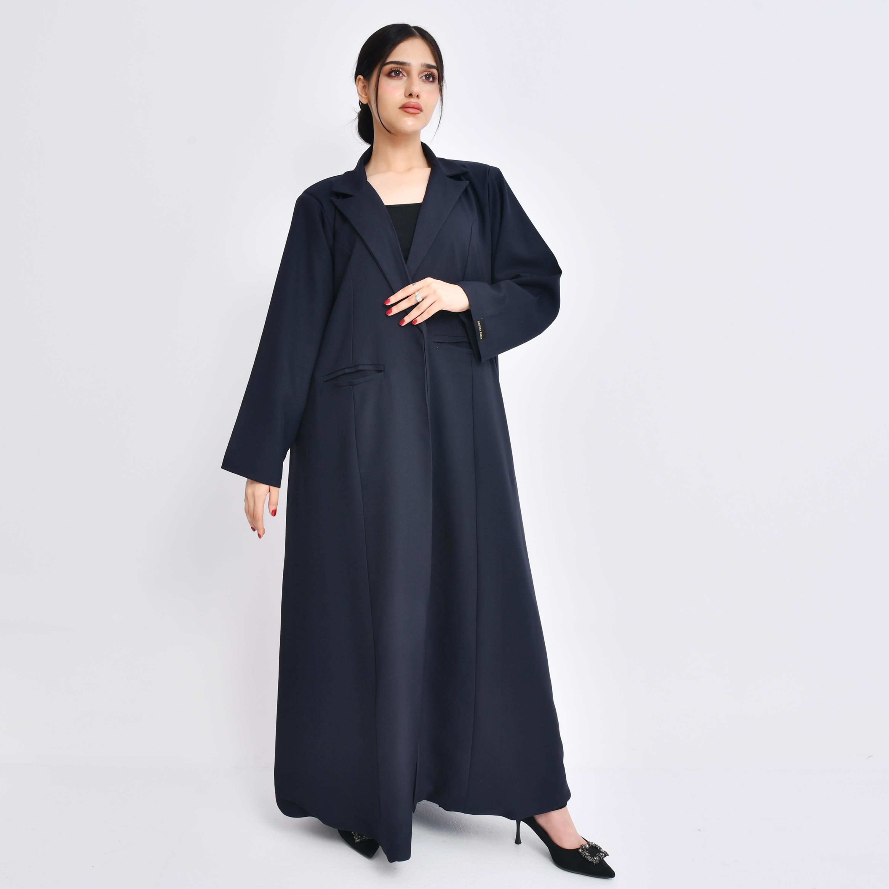 Hawraa Navy Blue Crepe Lapel Collar Women's Abaya with Hijab-women-arabicclothing-abayas-image-1