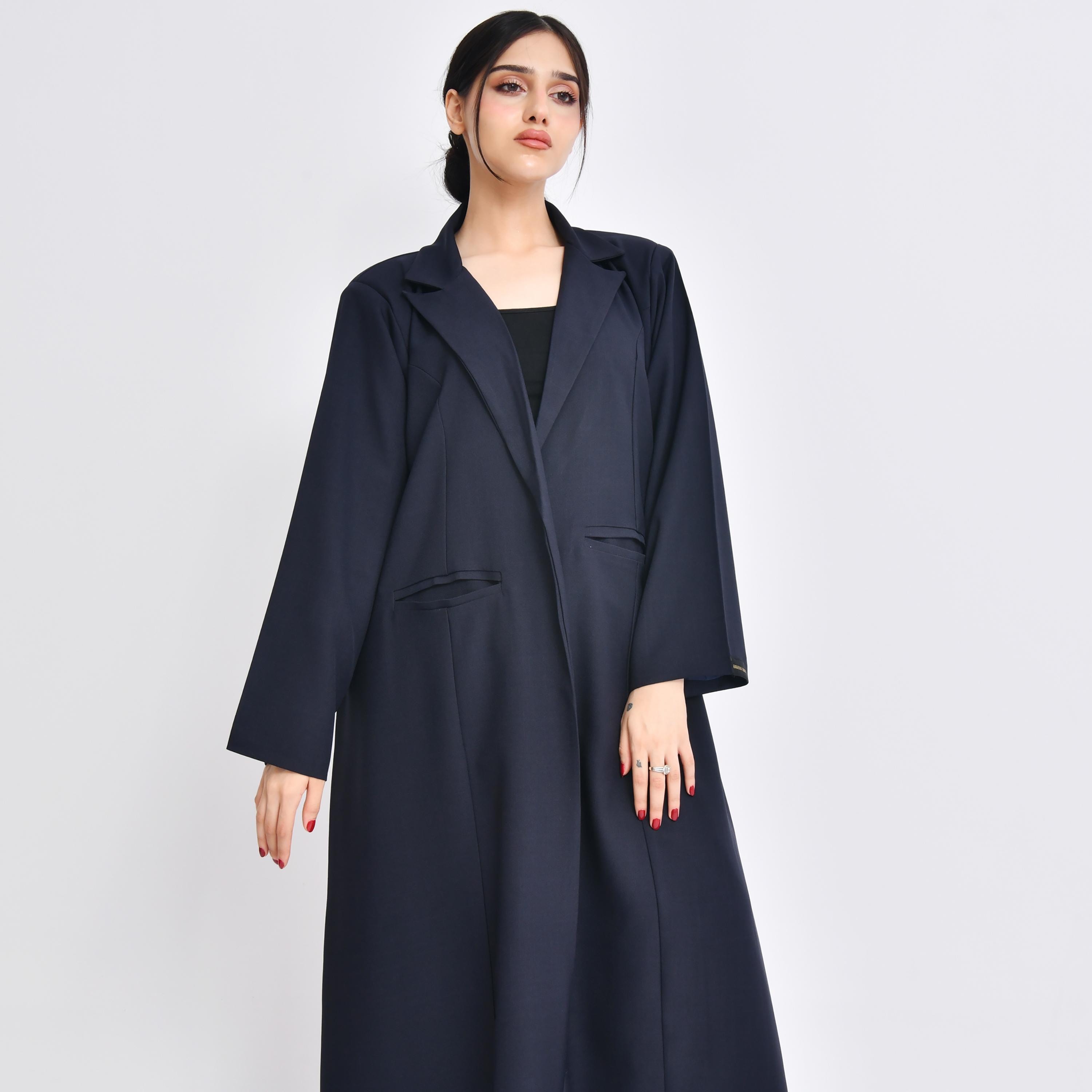 Hawraa Navy Blue Crepe Lapel Collar Women's Abaya with Hijab-women-arabicclothing-abayas-image-2