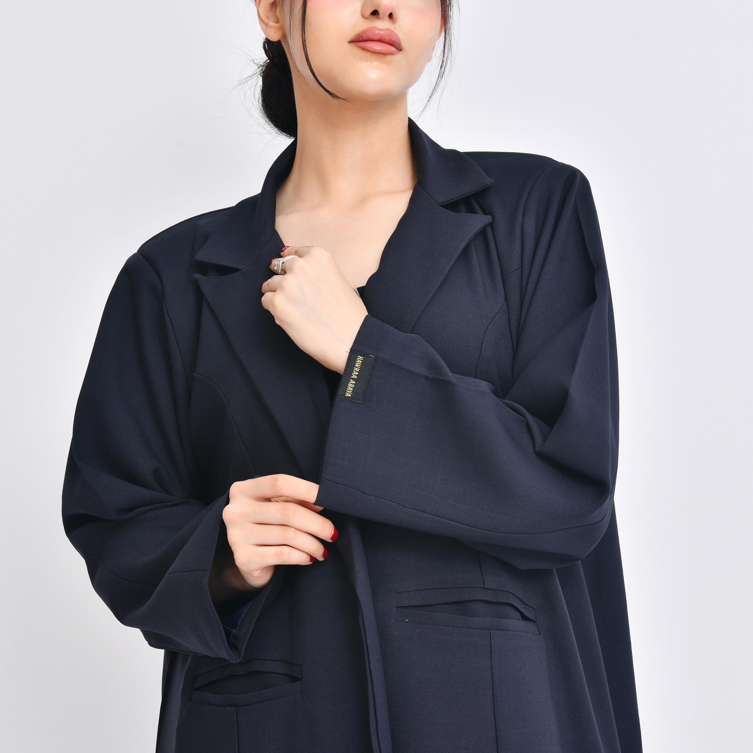 Hawraa Navy Blue Crepe Lapel Collar Women's Abaya with Hijab-women-arabicclothing-abayas-image-3