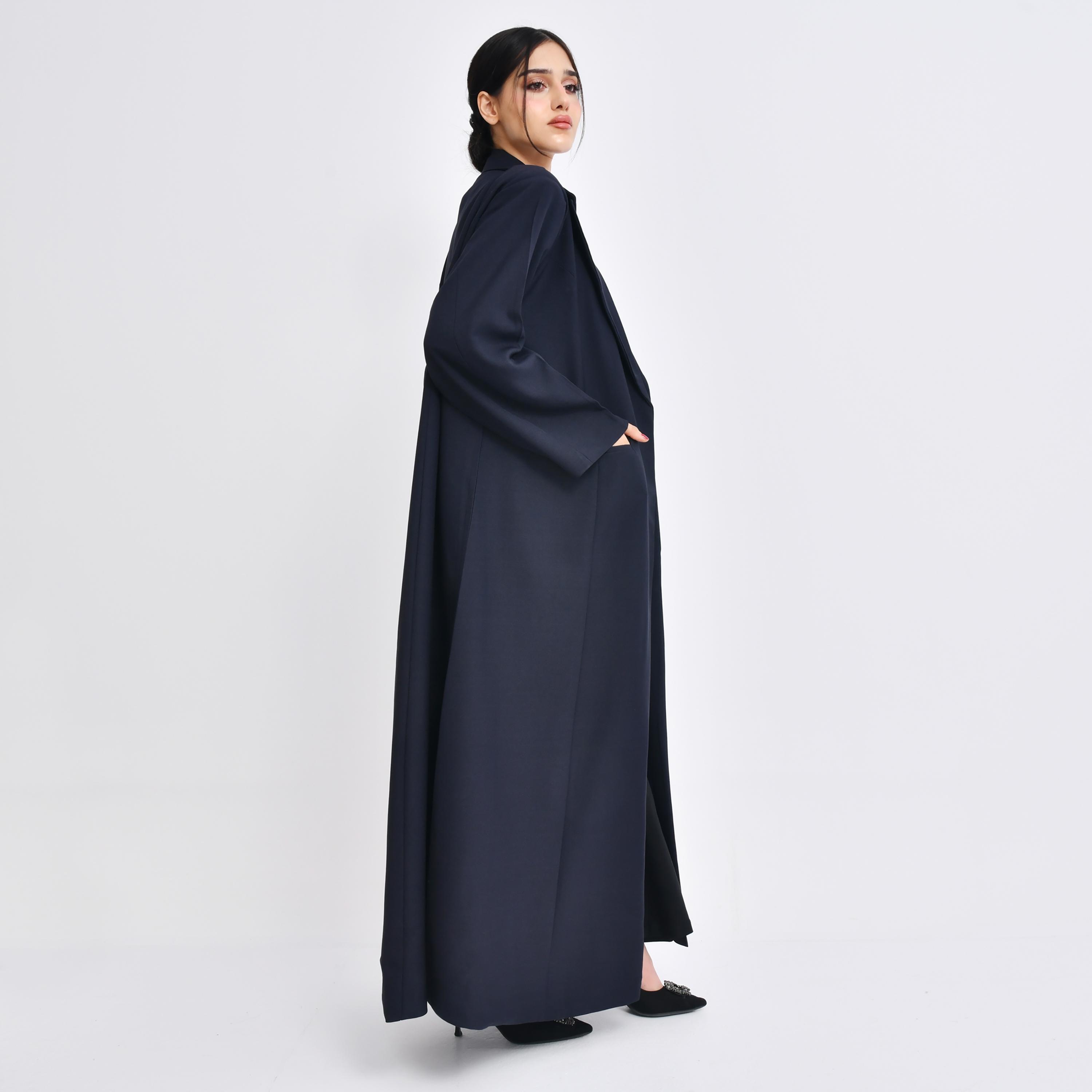 Hawraa Navy Blue Crepe Lapel Collar Women's Abaya with Hijab-women-arabicclothing-abayas-image-4