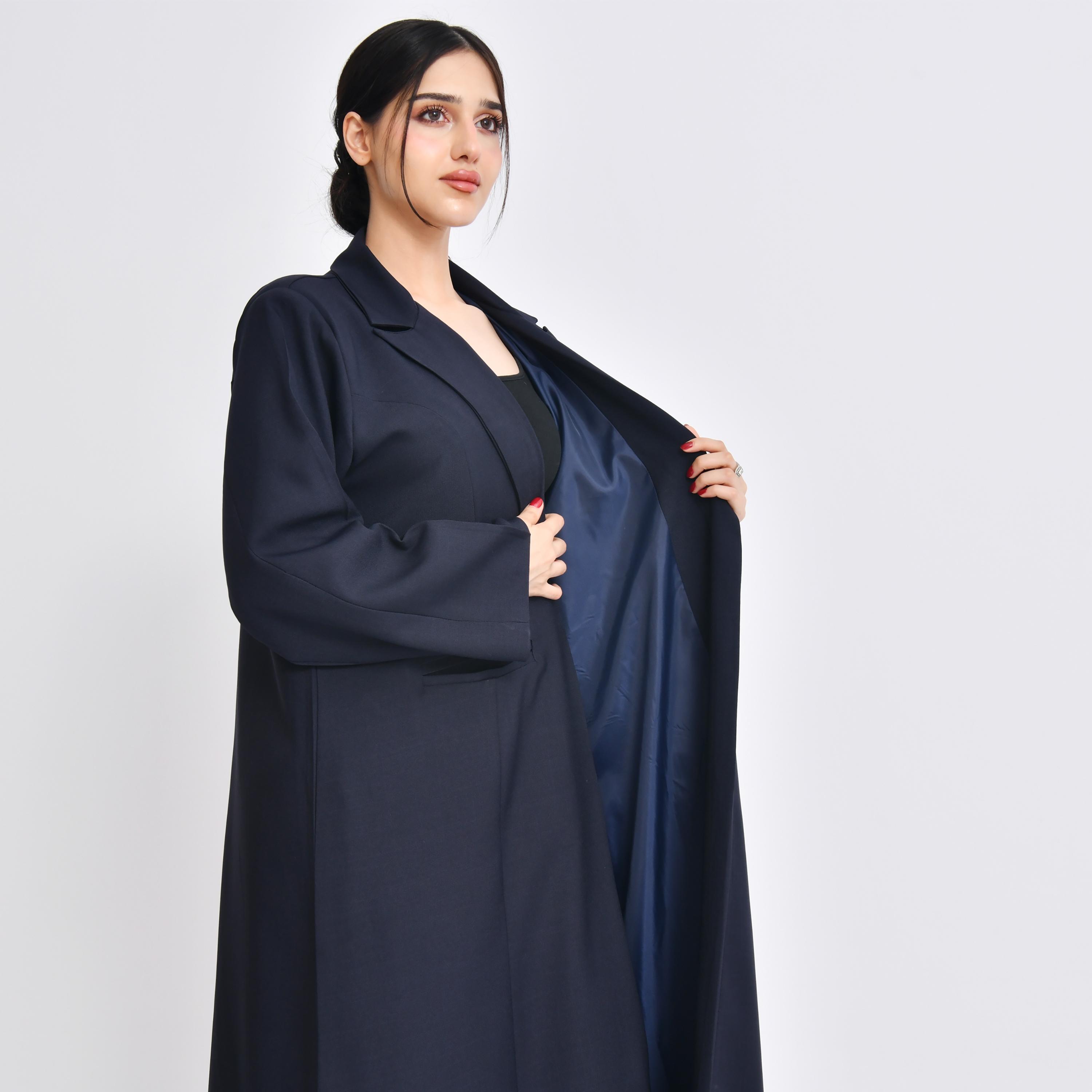Hawraa Navy Blue Crepe Lapel Collar Women's Abaya with Hijab-women-arabicclothing-abayas-image-6