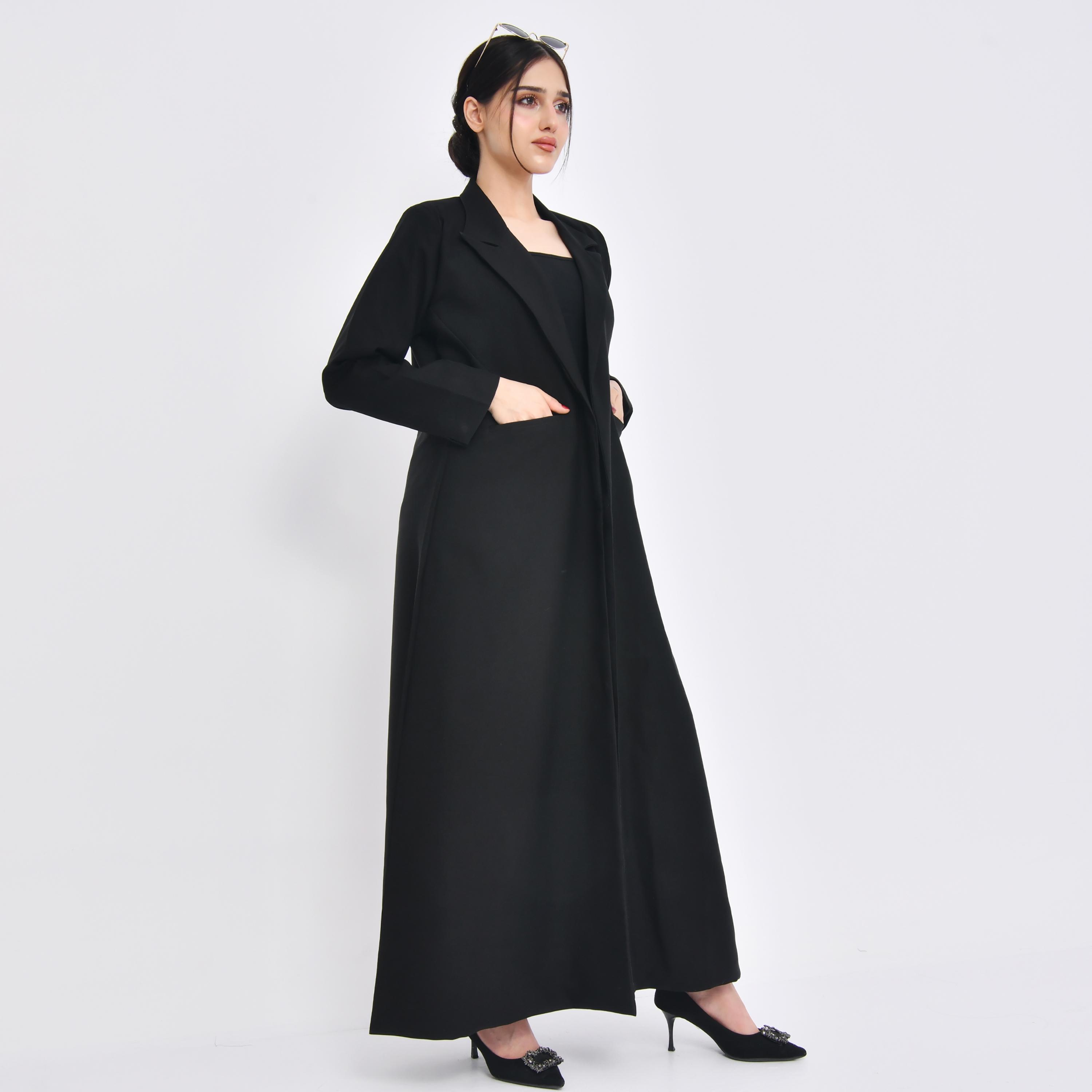 Hawraa Black Crepe Lapel Collar Slit Cuff Sleeves Women's Abaya with Hijab-women-arabicclothing-abayas-image-1