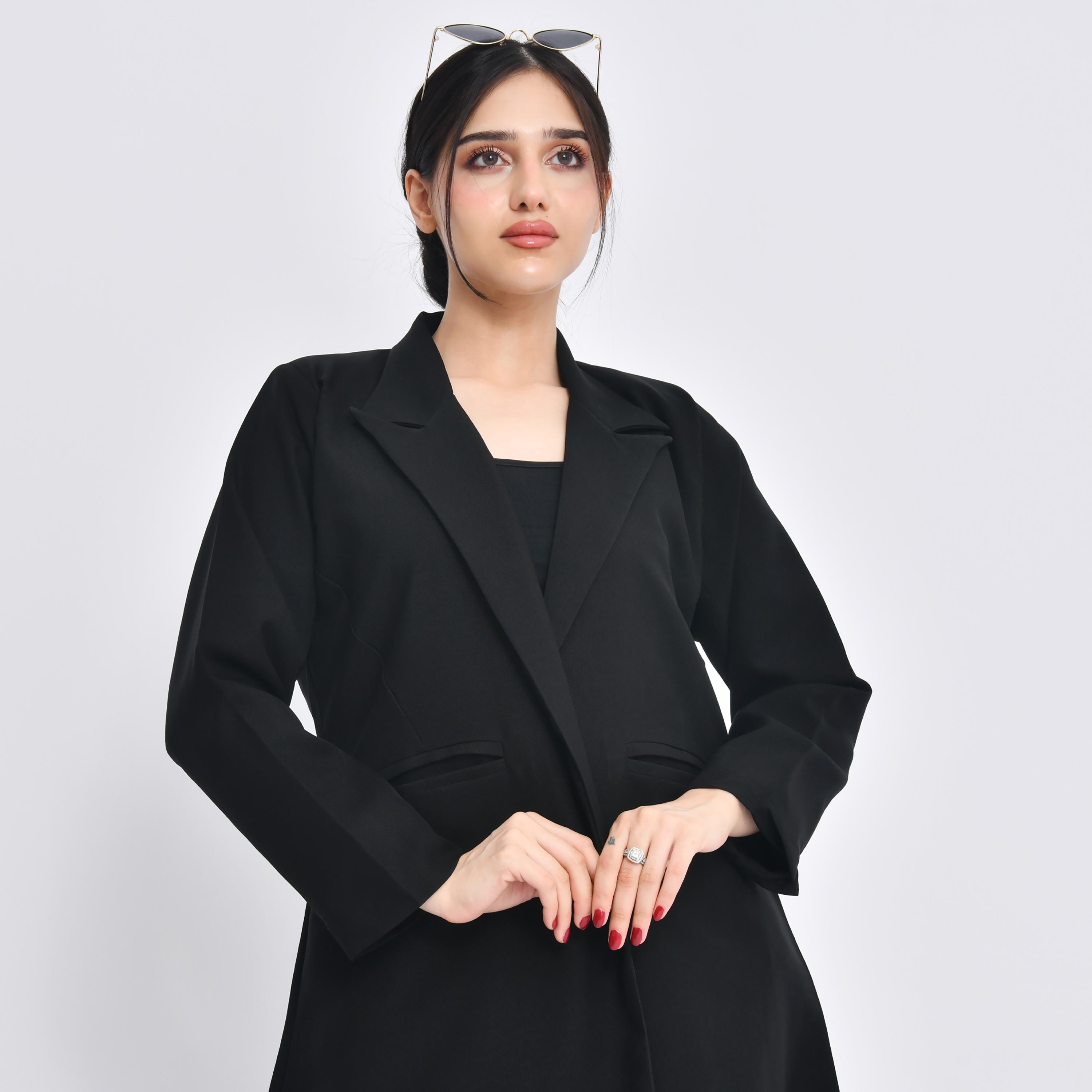 Hawraa Black Crepe Lapel Collar Slit Cuff Sleeves Women's Abaya with Hijab-women-arabicclothing-abayas-image-2