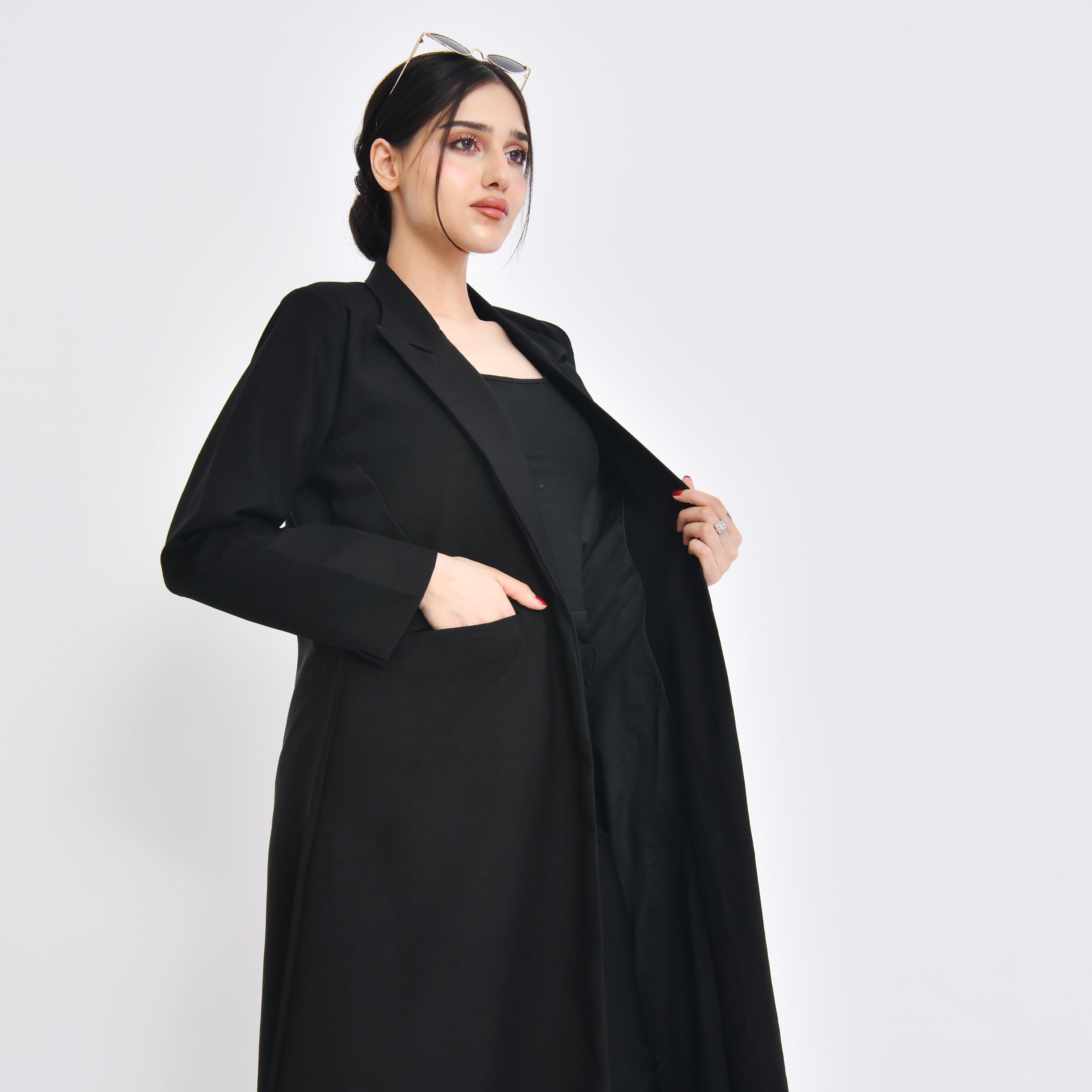 Hawraa Black Crepe Lapel Collar Slit Cuff Sleeves Women's Abaya with Hijab-women-arabicclothing-abayas-image-4
