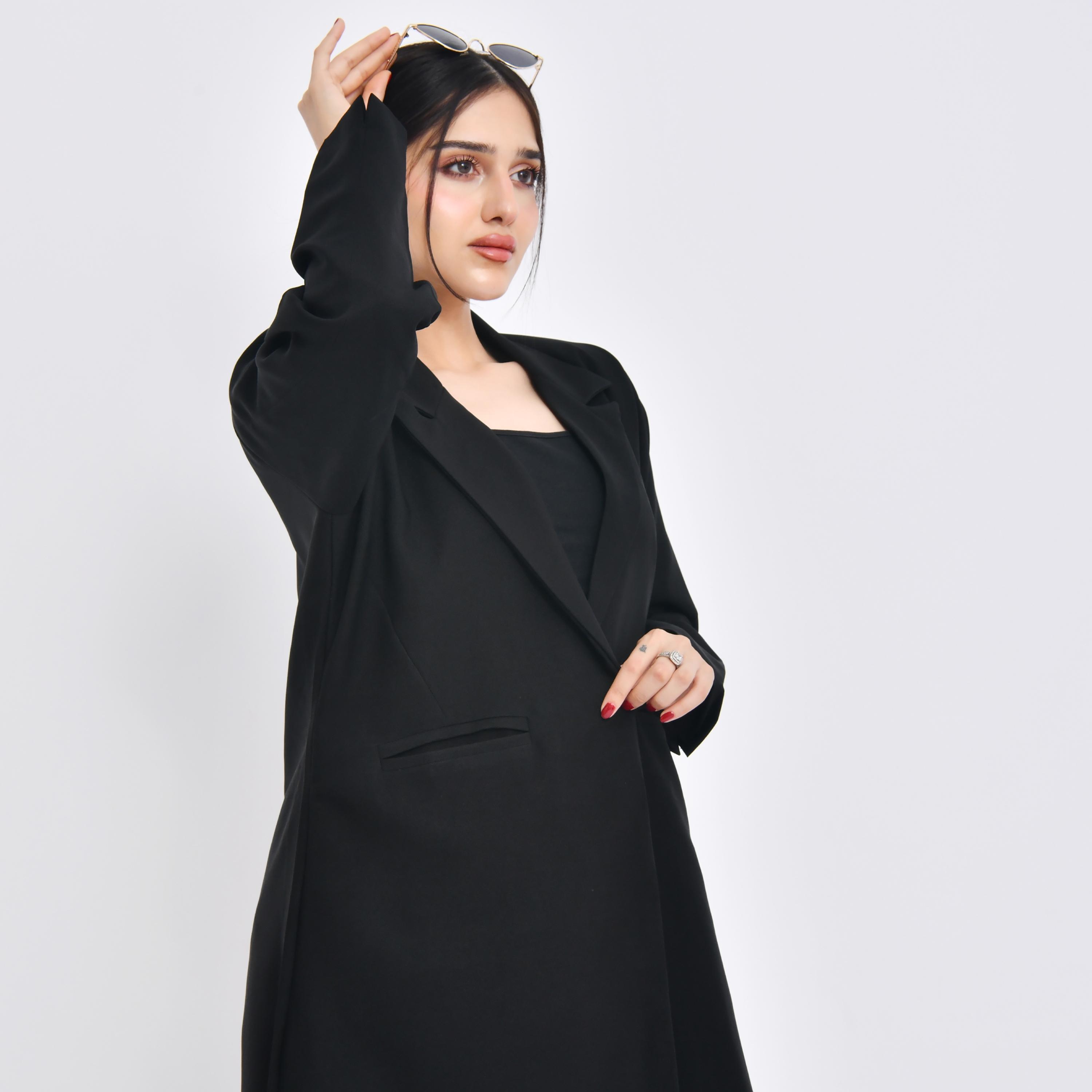 Hawraa Black Crepe Lapel Collar Slit Cuff Sleeves Women's Abaya with Hijab-women-arabicclothing-abayas-image-6
