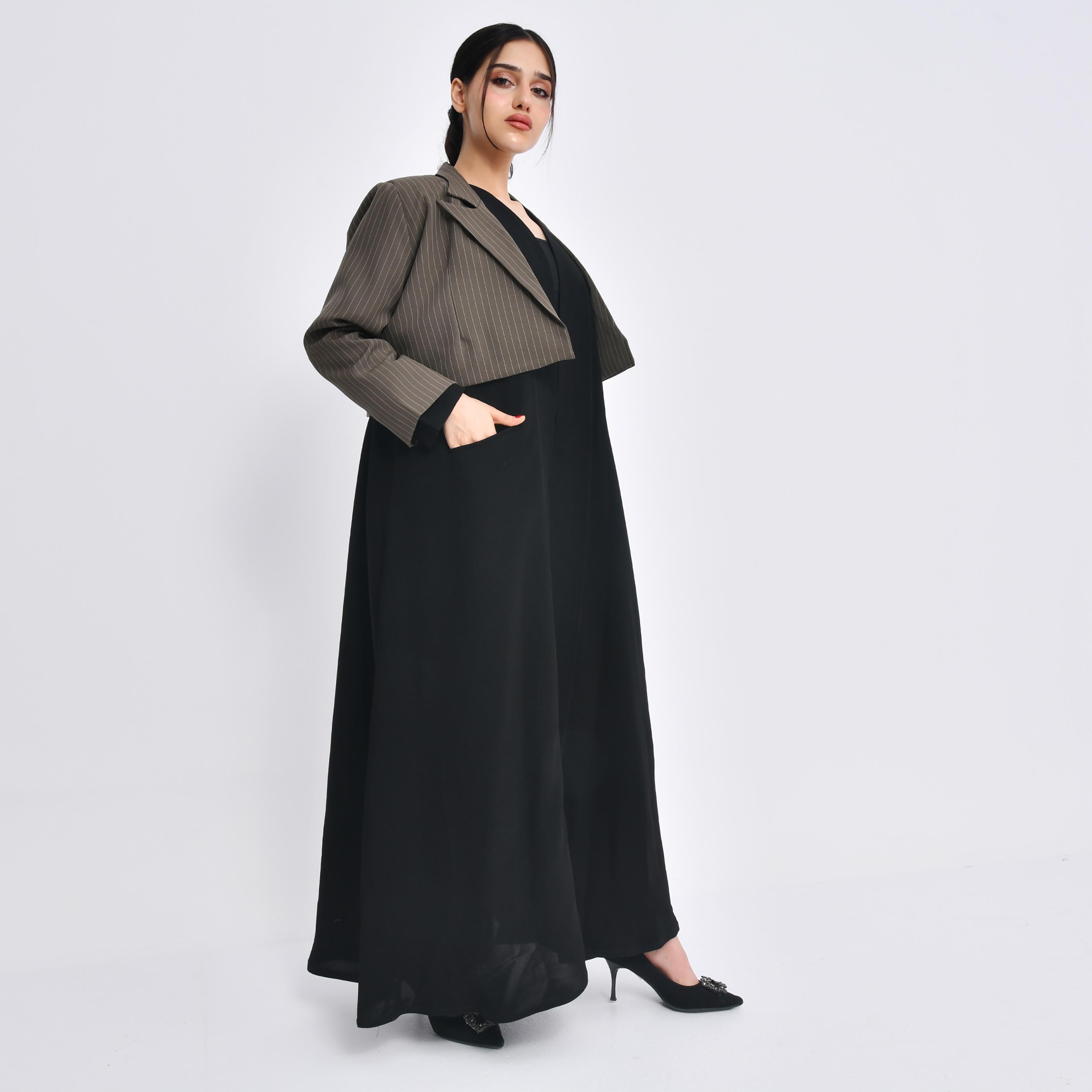 Hawraa Black Striped Crepe Lapel Collar Women's Abaya with Hijab-women-arabicclothing-abayas-image-1