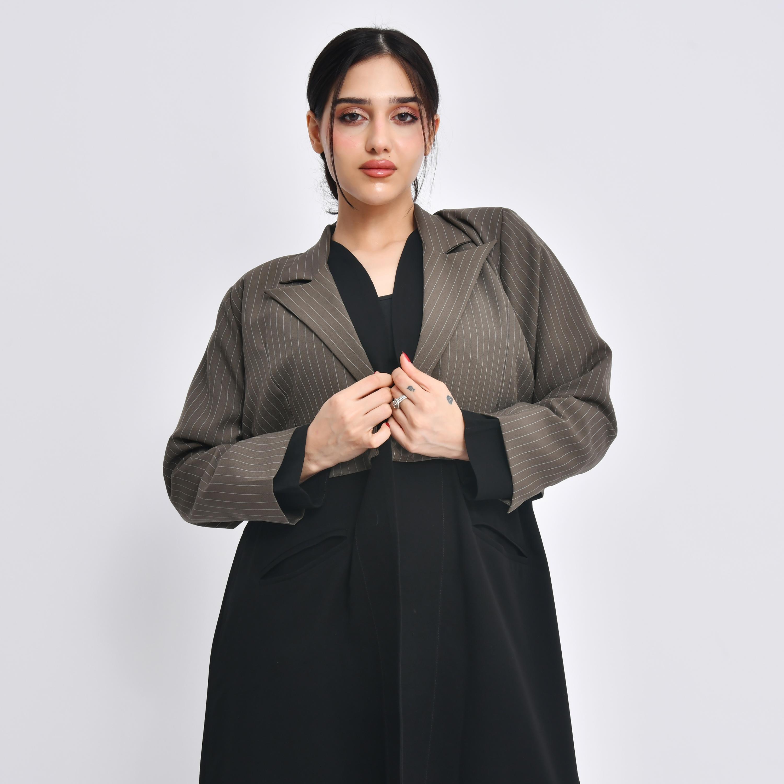 Hawraa Black Striped Crepe Lapel Collar Women's Abaya with Hijab-women-arabicclothing-abayas-image-2