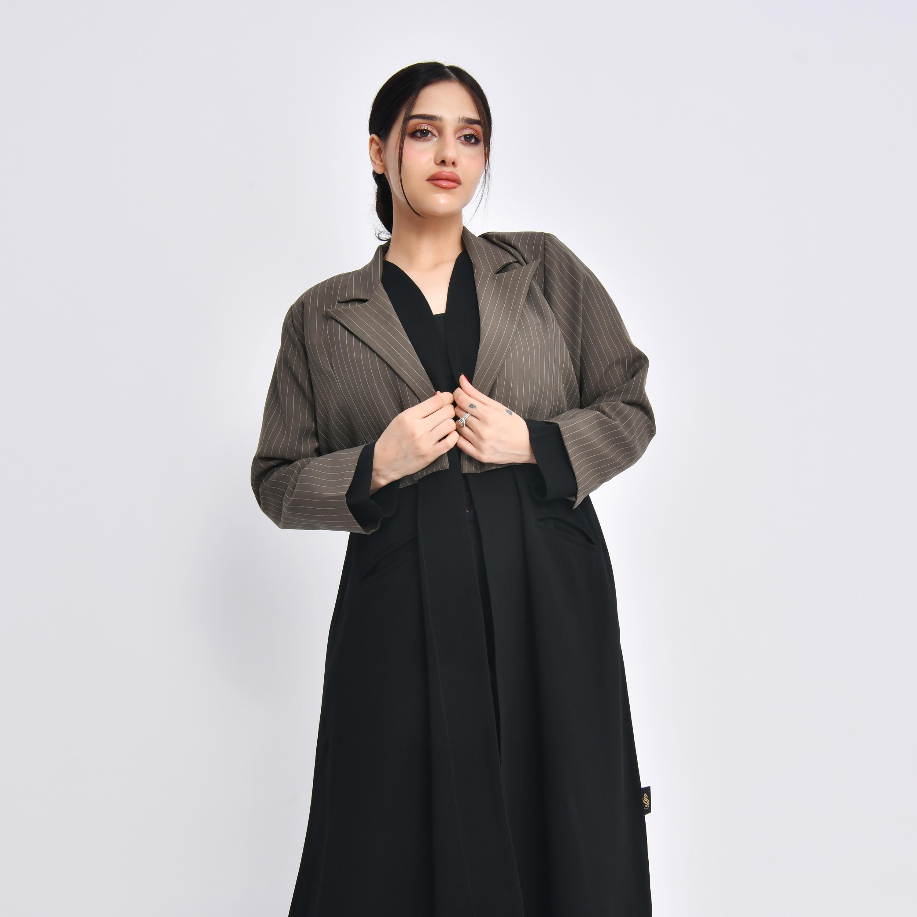Hawraa Black Striped Crepe Lapel Collar Women's Abaya with Hijab-women-arabicclothing-abayas-image-3