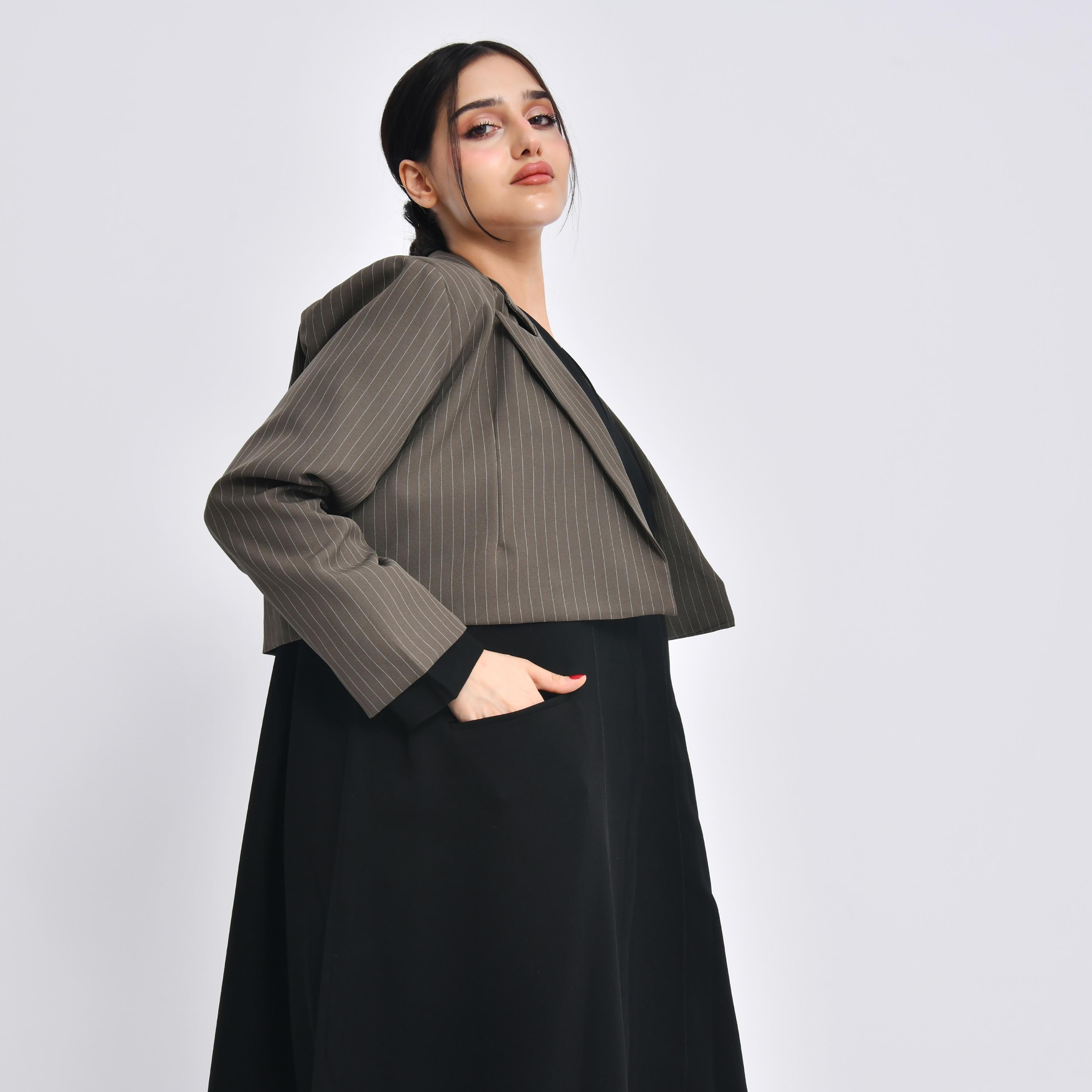 Hawraa Black Striped Crepe Lapel Collar Women's Abaya with Hijab-women-arabicclothing-abayas-image-6